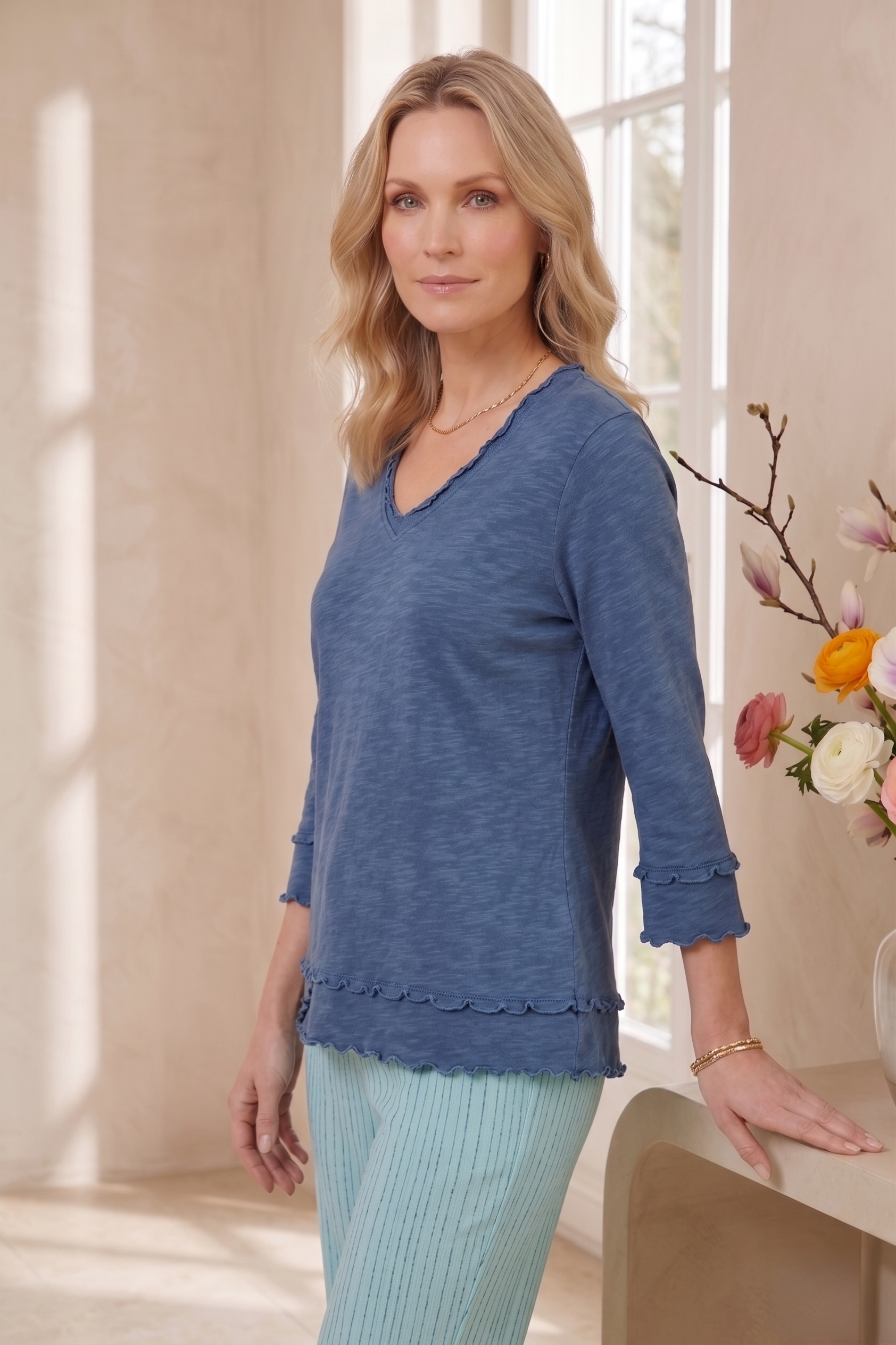 Style #1705: Women's 3/4 Sleeve Layered Hem Detail Top