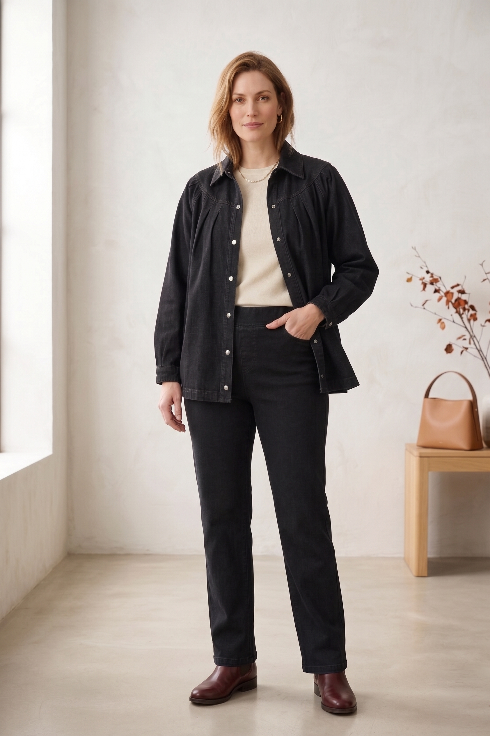 #D43 Women’s Pleated Yoke Stretch Denim Jacket