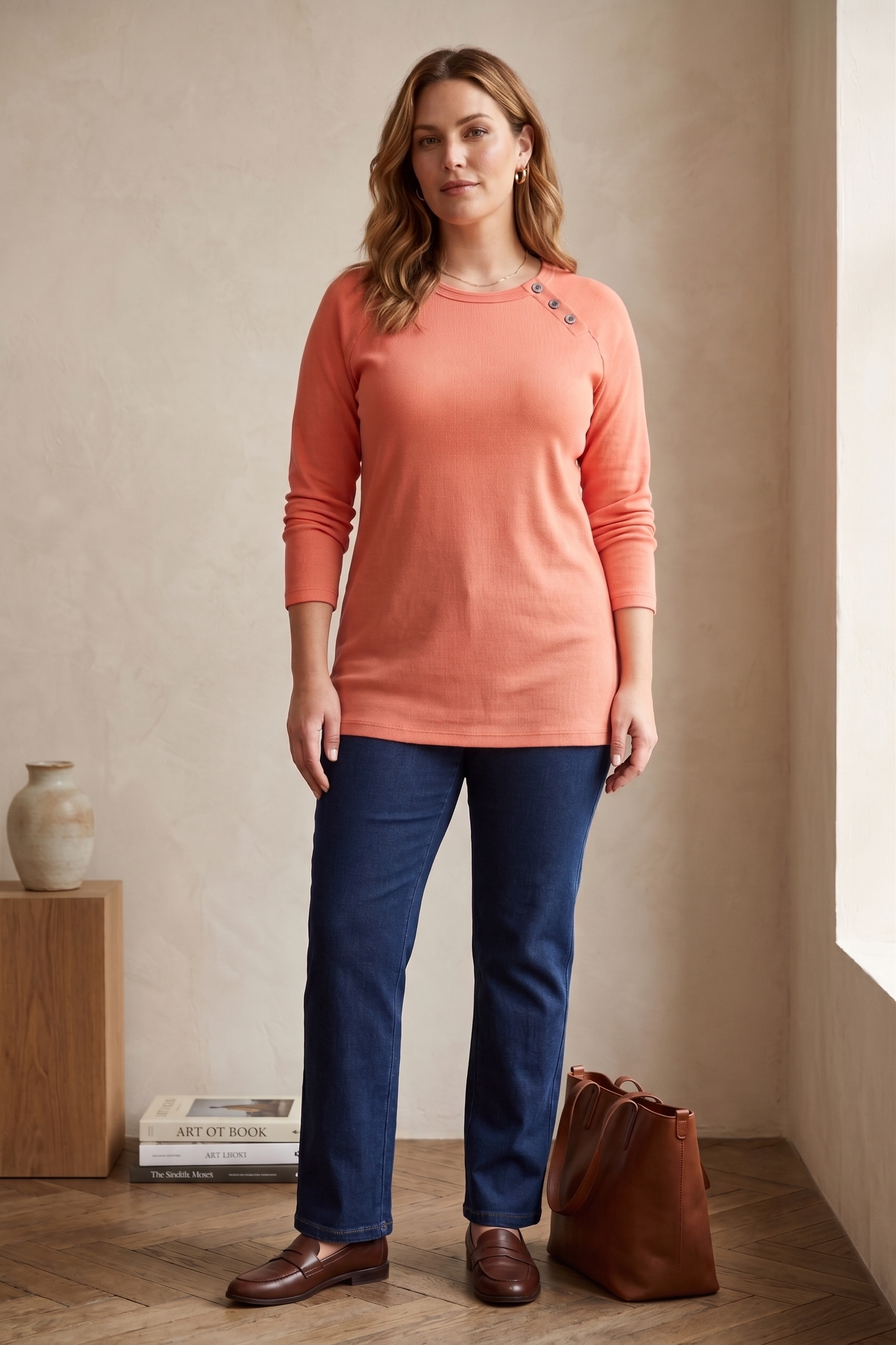 #D18 Long Sleeve Ribbed Jersey Top - Button Detail