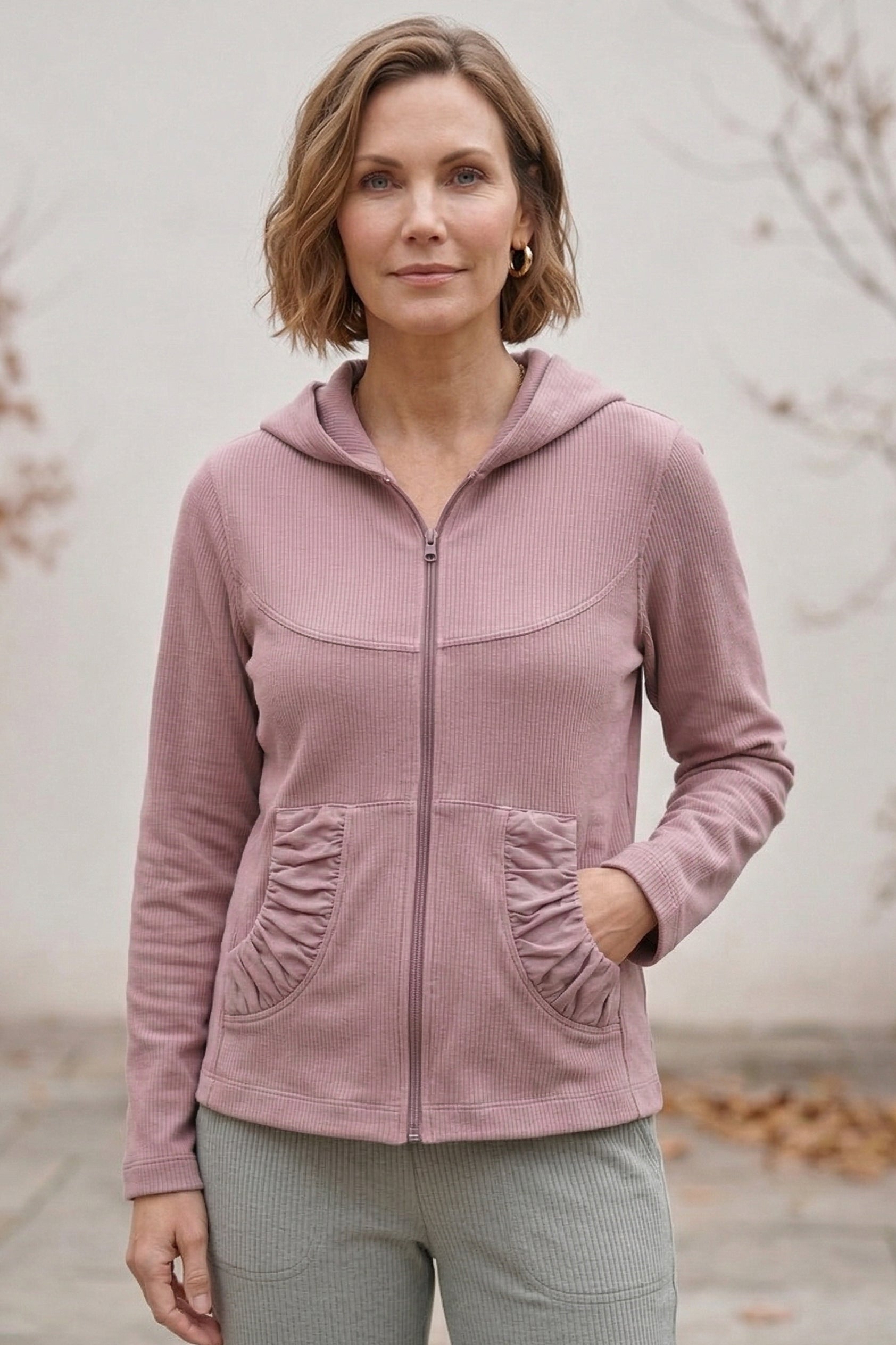 #7765 Stretch French Terry Ruched Zip Hoodie