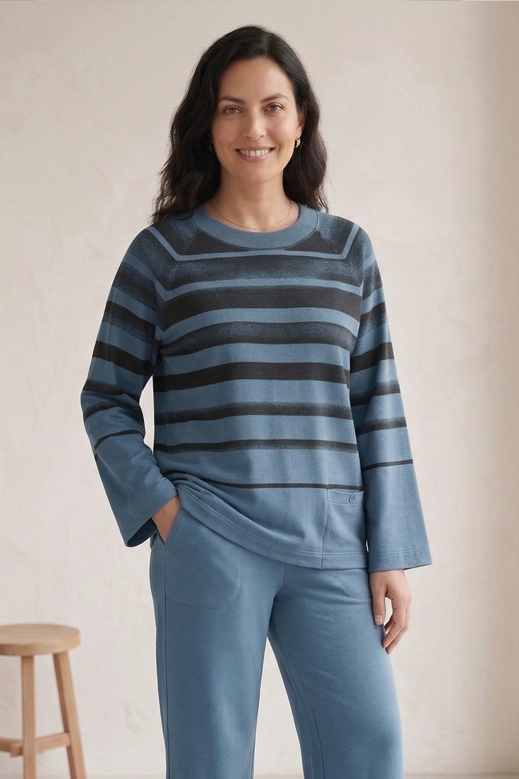 #7767 Women’s Long Sleeve Striped Top | Premium Stretch French Terry with Tab Pocket