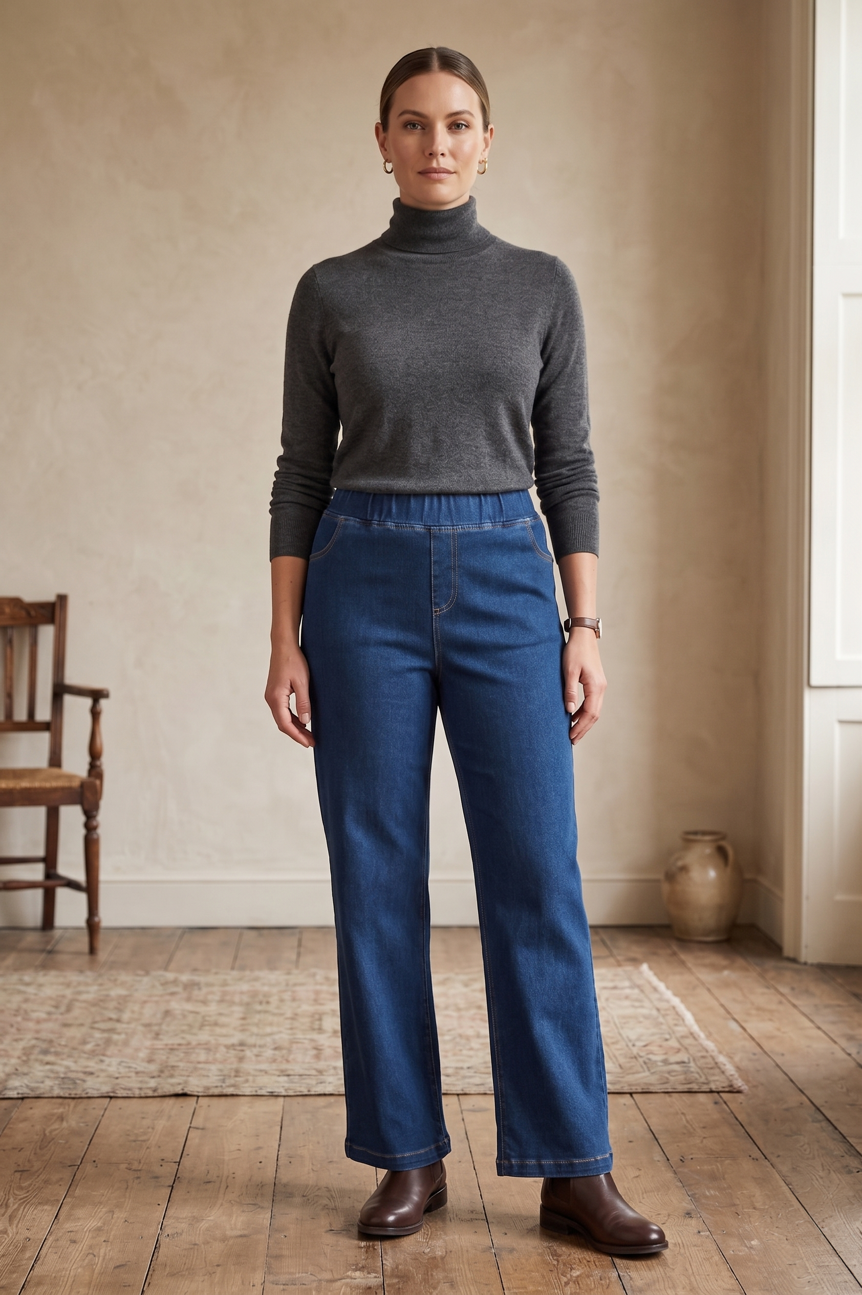 D55 Premium Stretch Denim Pull-On Pants | Minimalist "Little Luxe" Style