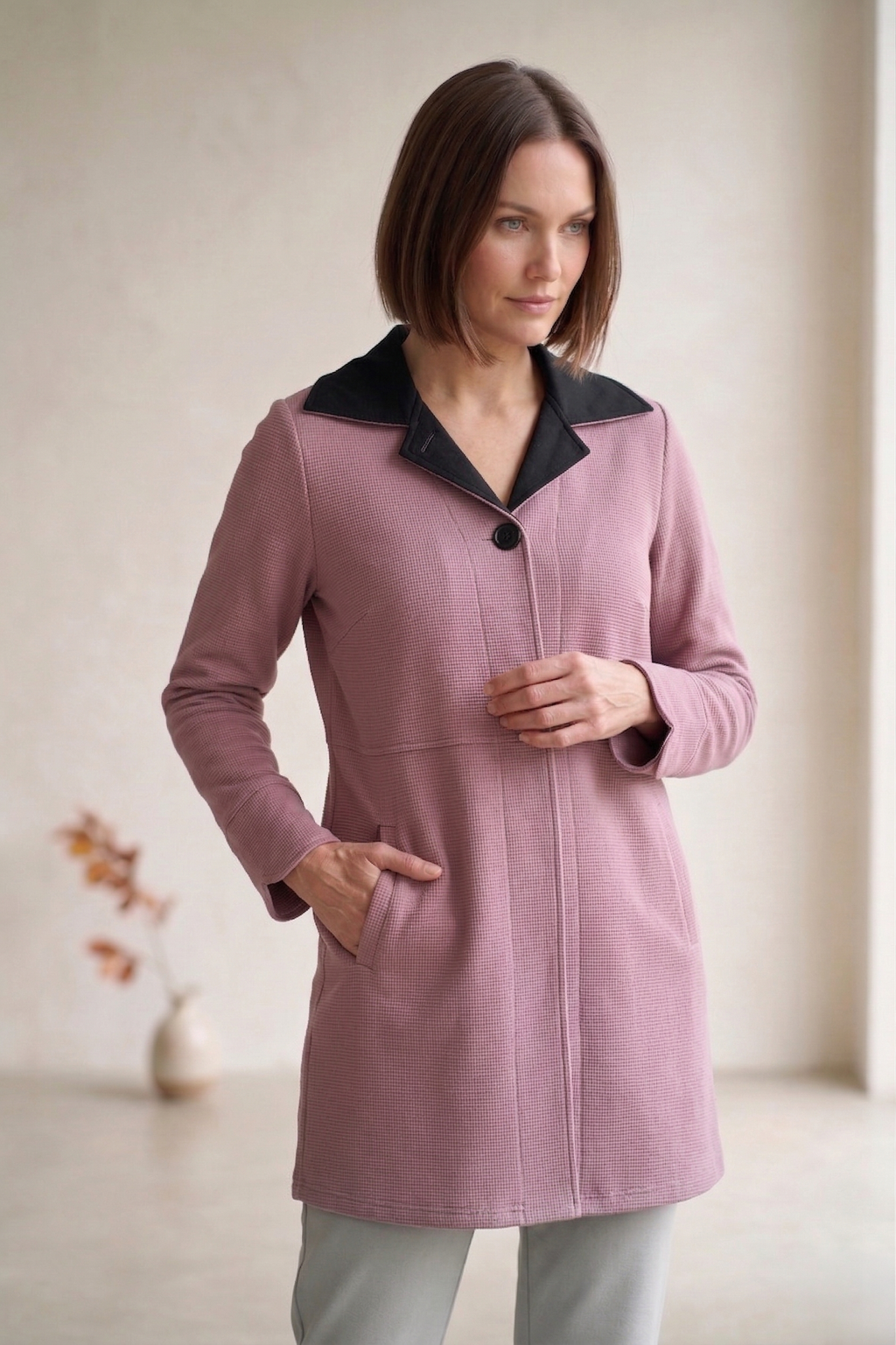 #7766 | Women's Stretch French Terry Trimmed Long Jacket
