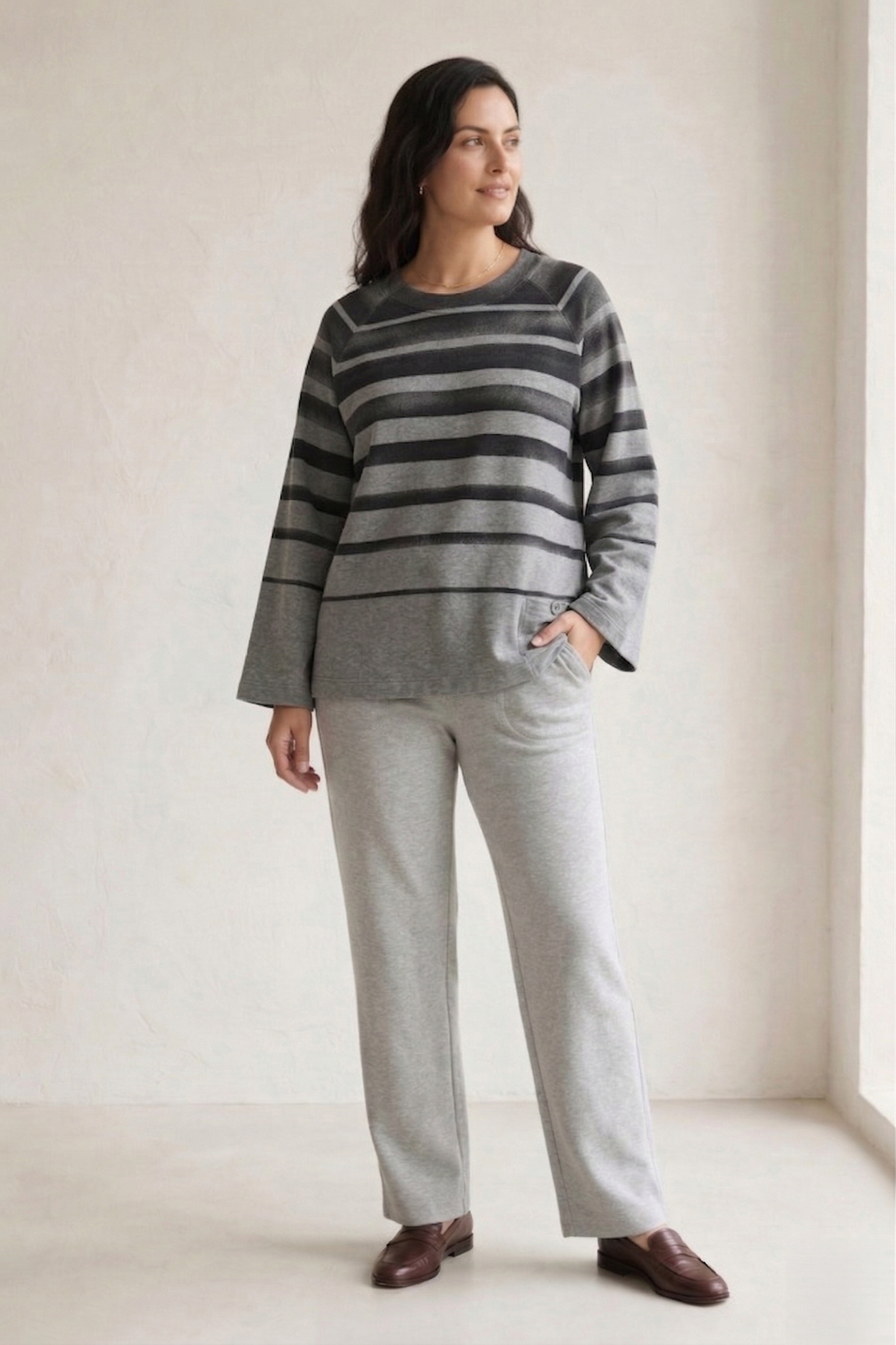 #7767 Women’s Long Sleeve Striped Top | Premium Stretch French Terry with Tab Pocket