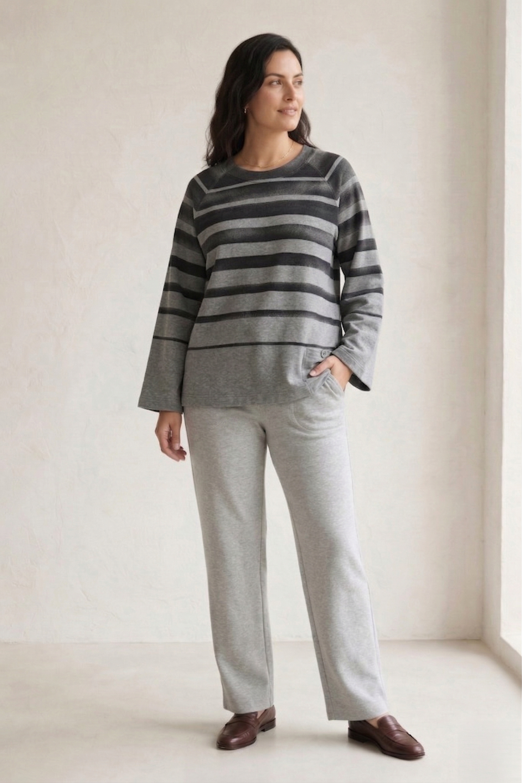#7767 Women’s Long Sleeve Striped Top | Premium Stretch French Terry with Tab Pocket