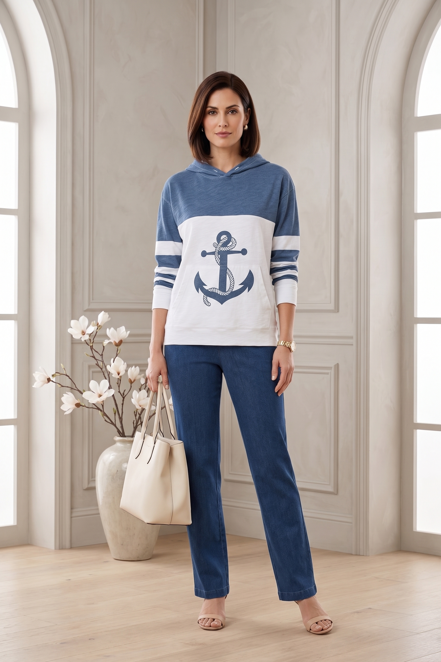 #1701A Long Sleeve Pullover Hoodie with Anchor Print - 100% Cotton Slub Jersey
