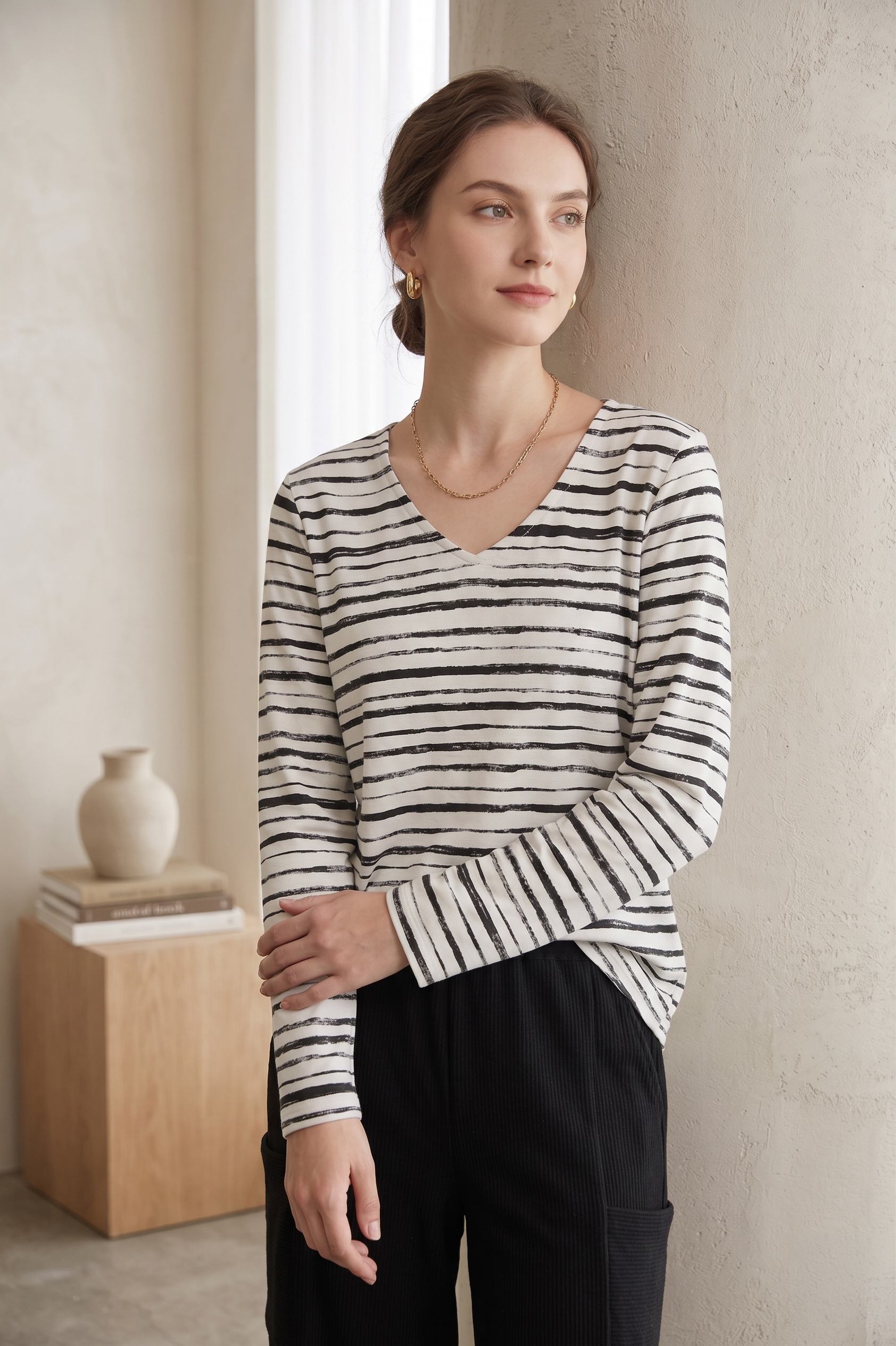 Women's Long Sleeve Striped Cotton Jersey Top (#D32)