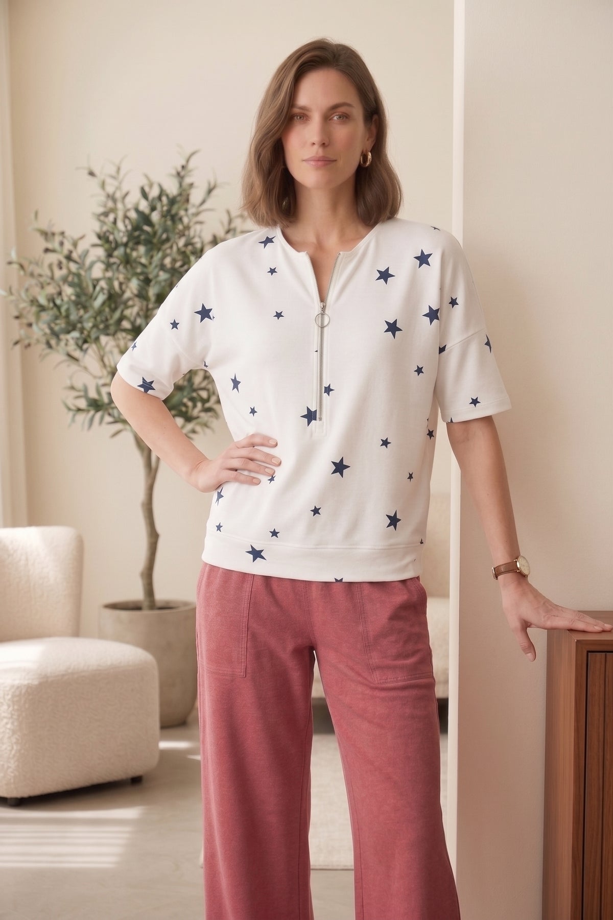 #JS43 Short Slv. Star Print Half-Zip Top