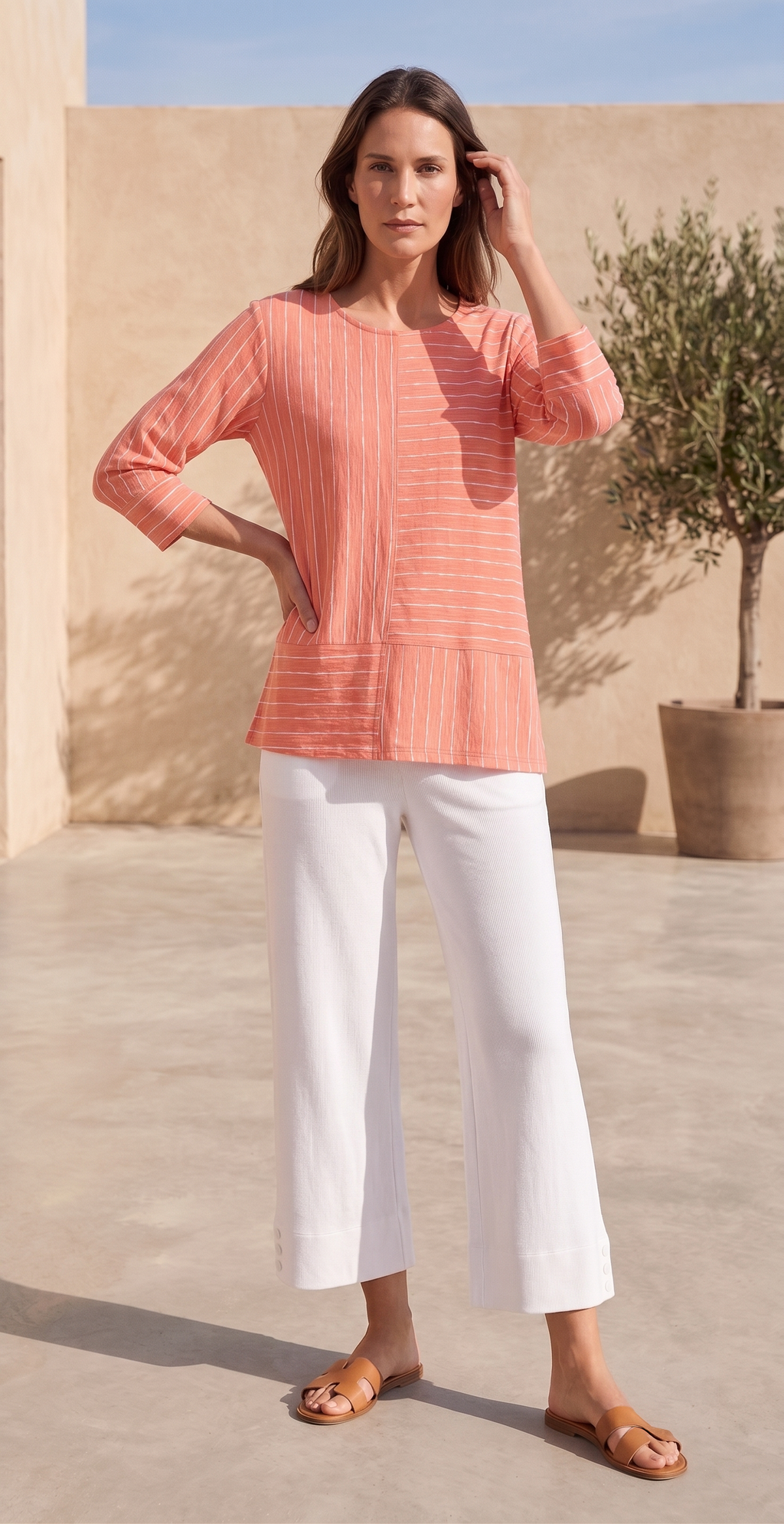 Style #1714-Wild Palms Wholesale Women's 100% Cotton ¾ Sleeve Thin Stripe Top