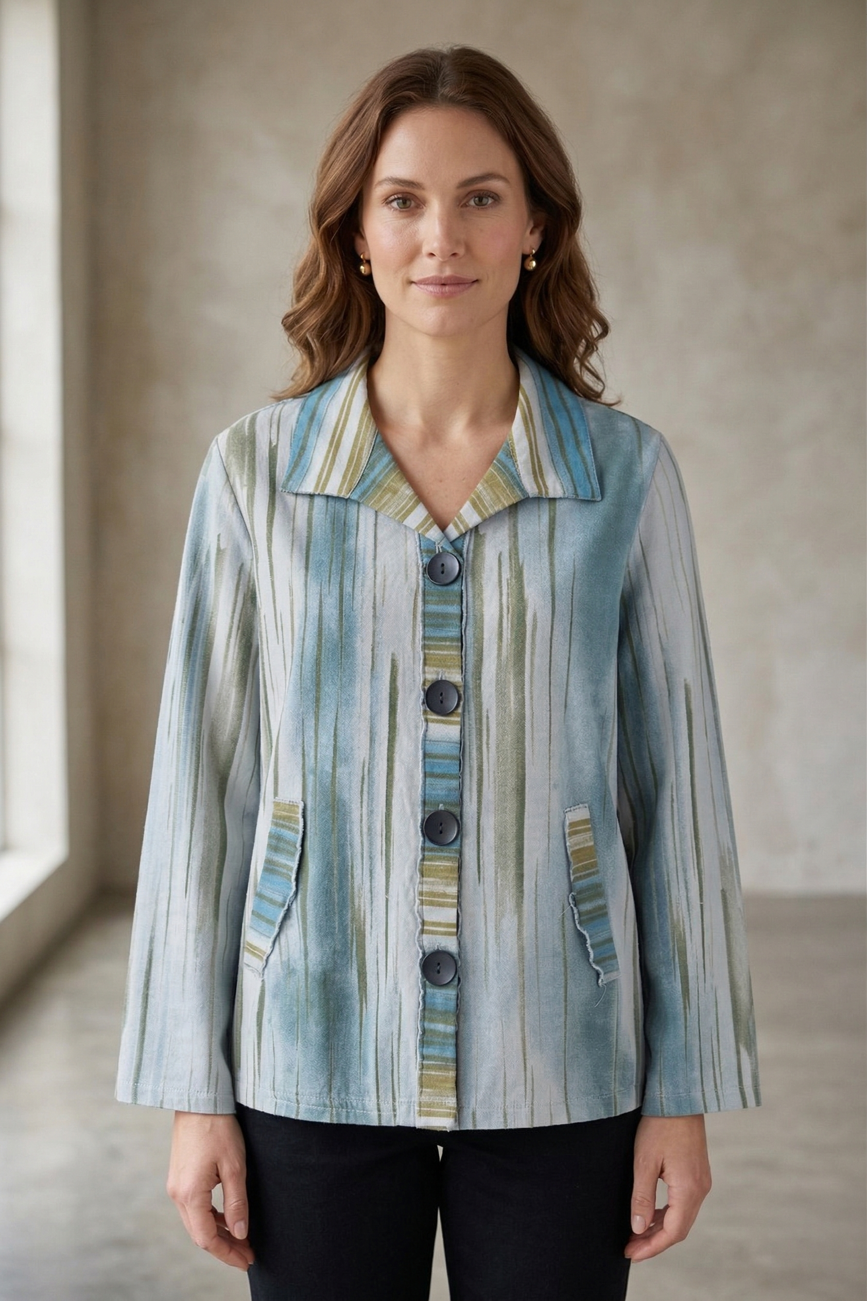 L/S Distressed Stripe Cotton Jersey Blouse Shacket – Style #1271