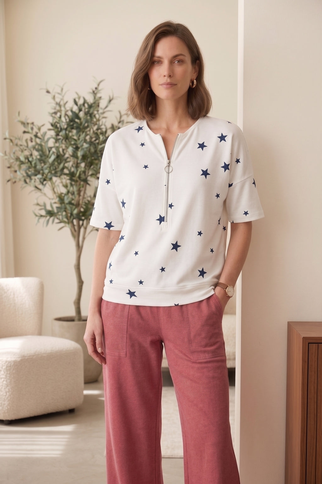 #JS43 Short Slv. Star Print Half-Zip Top