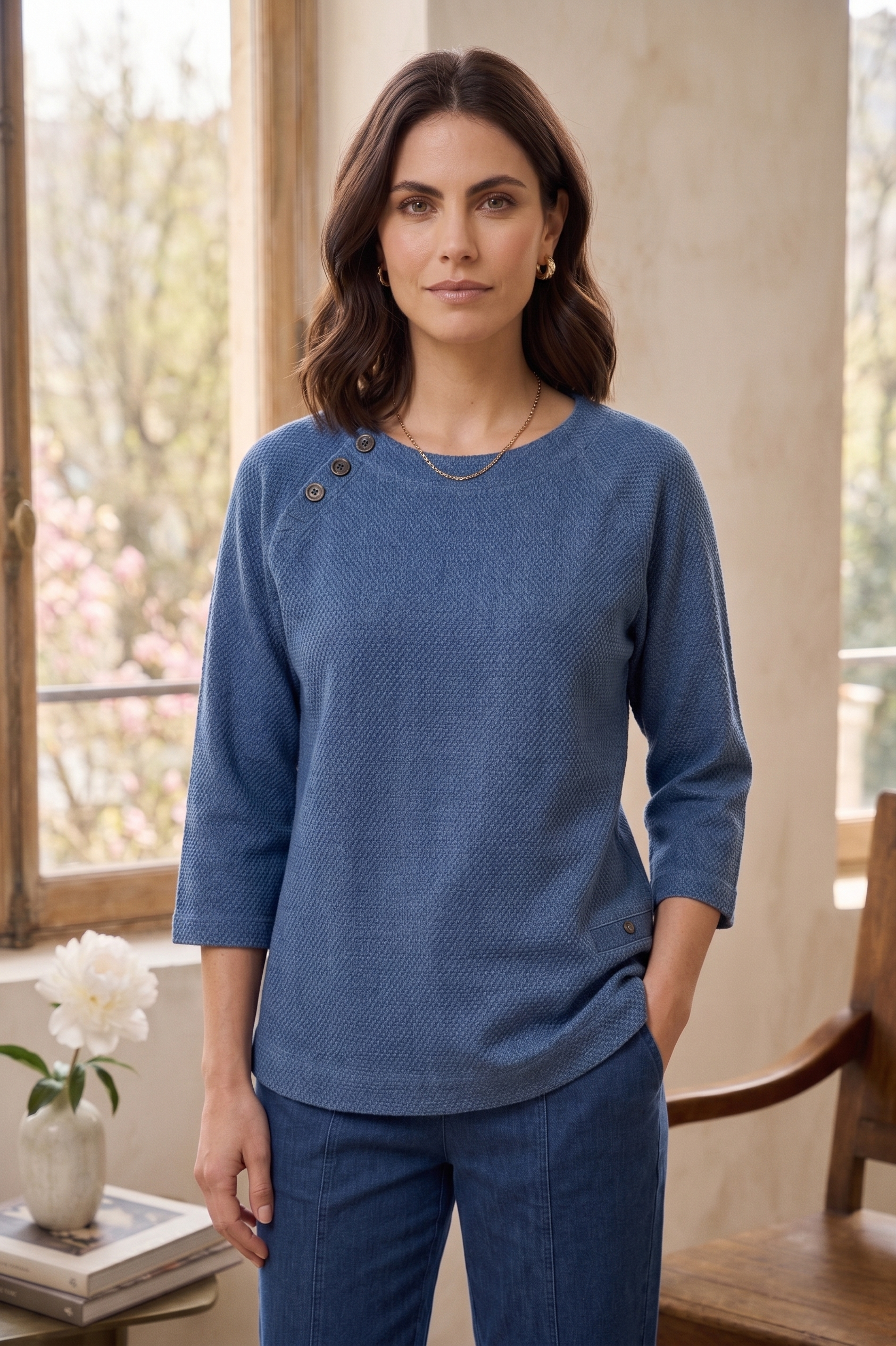 Style #8303: Women's Textured Knit ¾ Sleeve Button Scoop Neck Top