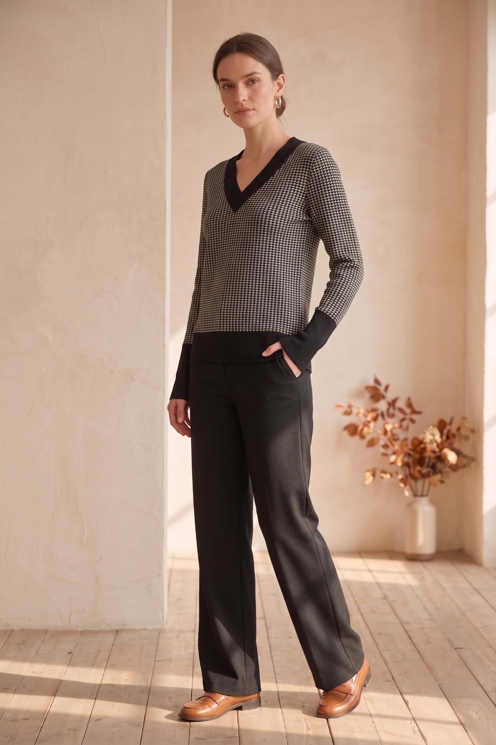 Waffle Knit Long Sleeve V-Neck Top with Contrast Stitching – #W02
