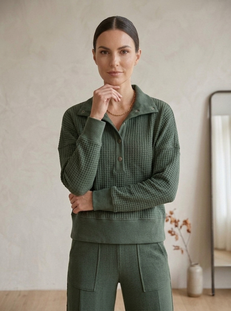 Waffle Knit Bracelet Sleeve Placket Top - Style #W05