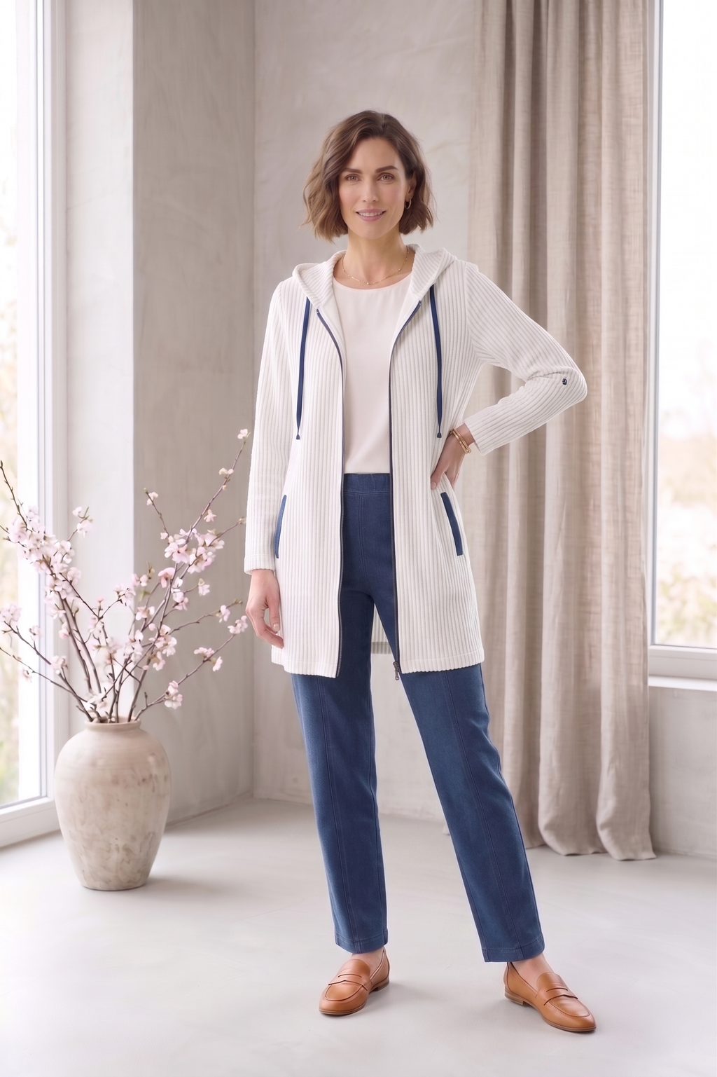 #8301 | Women's 3/4 Sleeve Mixed Stripe Zip-Up Jacket – 100% Cotton Slub French Terry