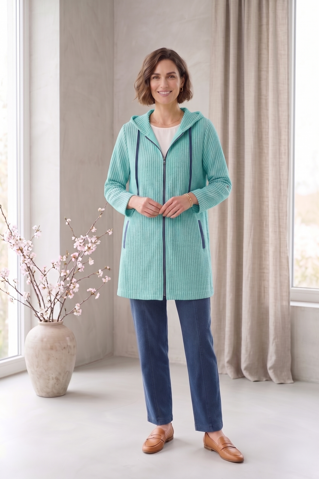 #8301 | Women's 3/4 Sleeve Mixed Stripe Zip-Up Jacket – 100% Cotton Slub French Terry