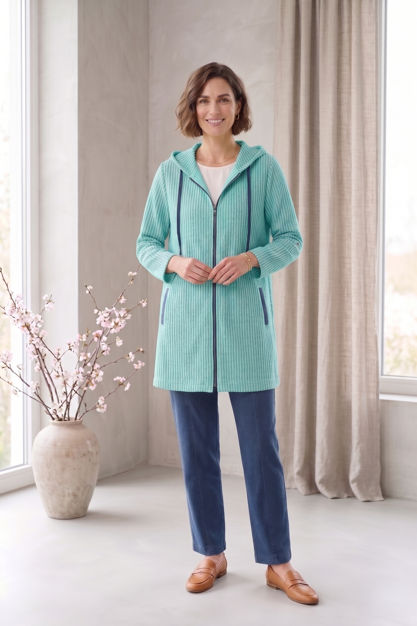 #8301 | Women's 3/4 Sleeve Mixed Stripe Zip-Up Jacket – 100% Cotton Slub French Terry