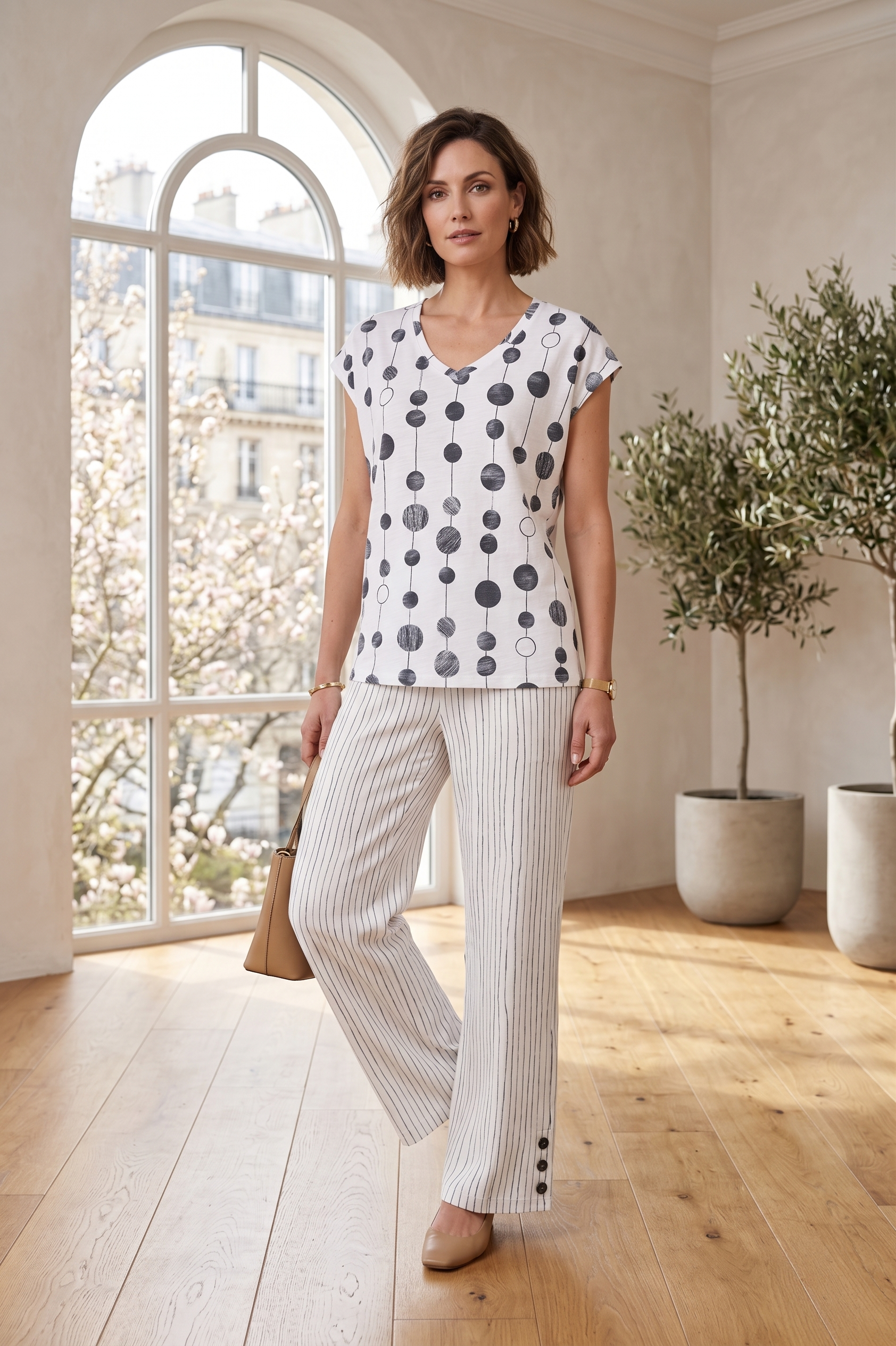 #1702 Dotted Print Cap Slv. Top - 100% Cotton Slub Jersey