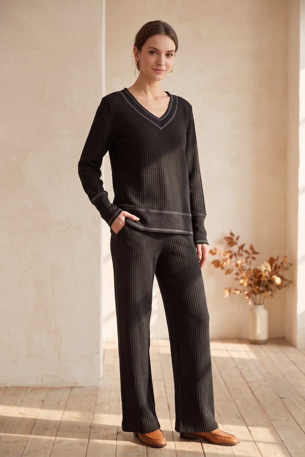 Waffle Knit Long Sleeve V-Neck Top with Contrast Stitching – #W02