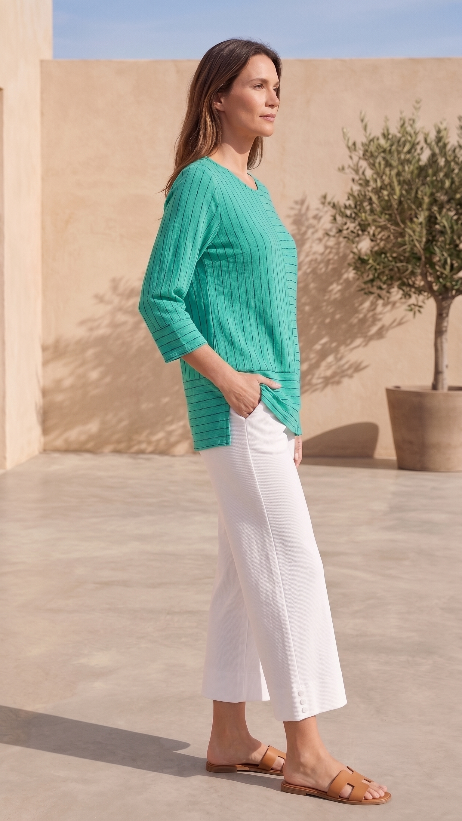 Style #1714-Wild Palms Wholesale Women's 100% Cotton ¾ Sleeve Thin Stripe Top
