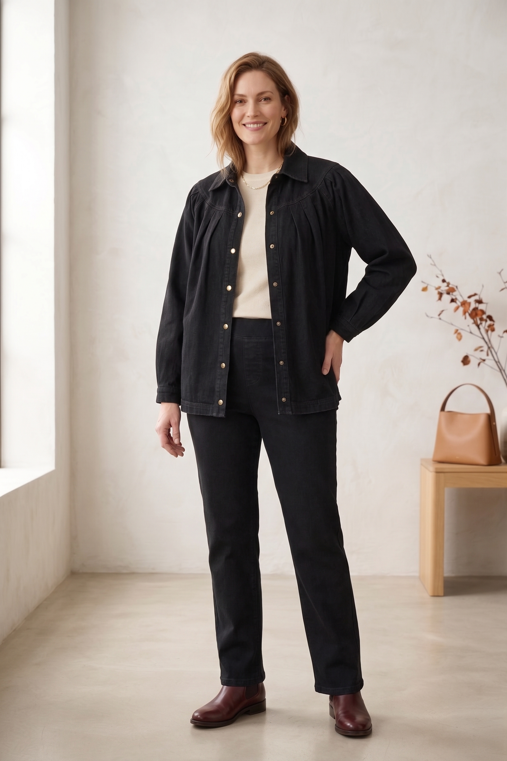 #D43 Women’s Pleated Yoke Stretch Denim Jacket
