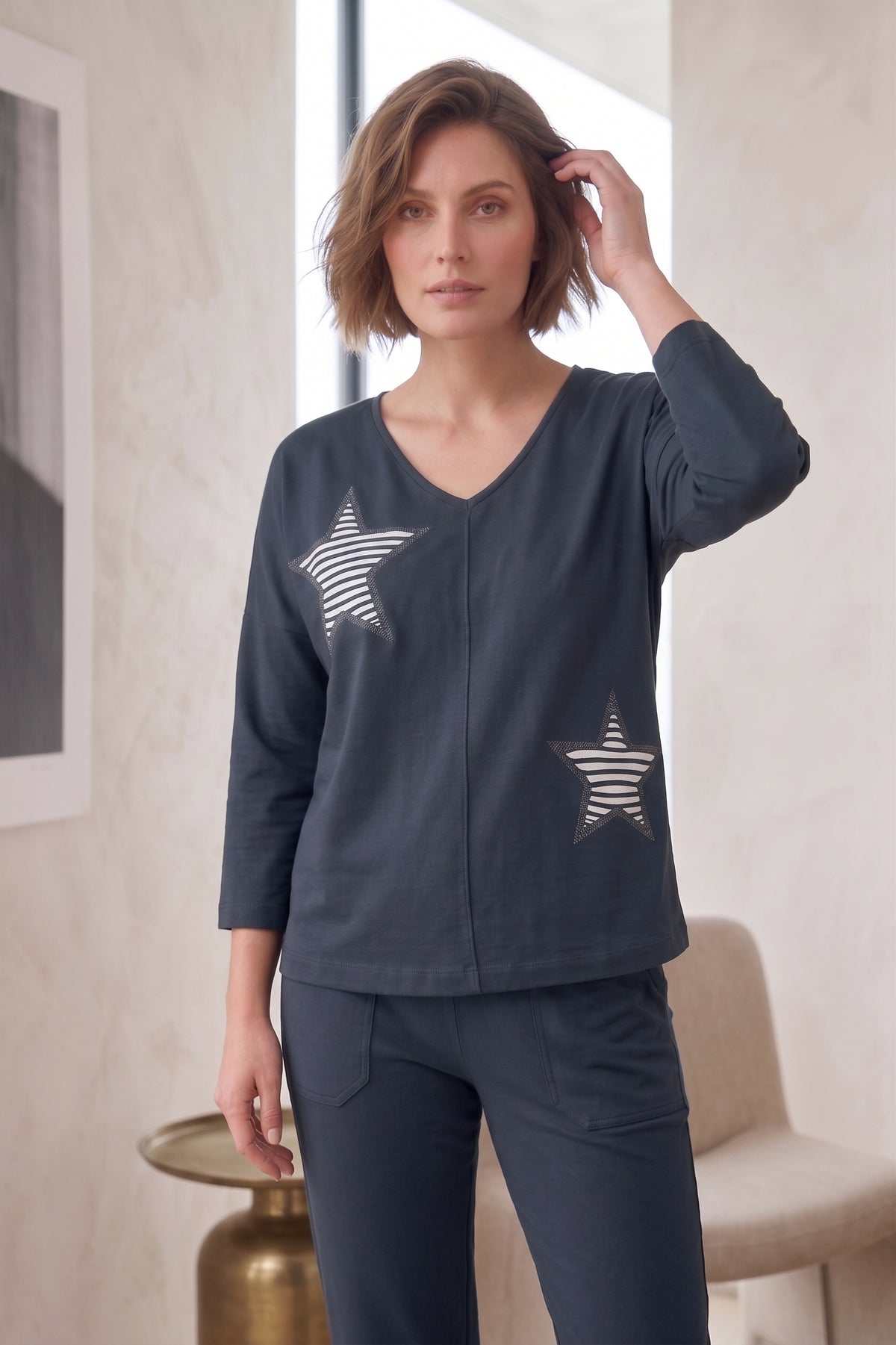 #FT72 Bracelet Slv. Star Applique V-Neck Drop Shoulder Top