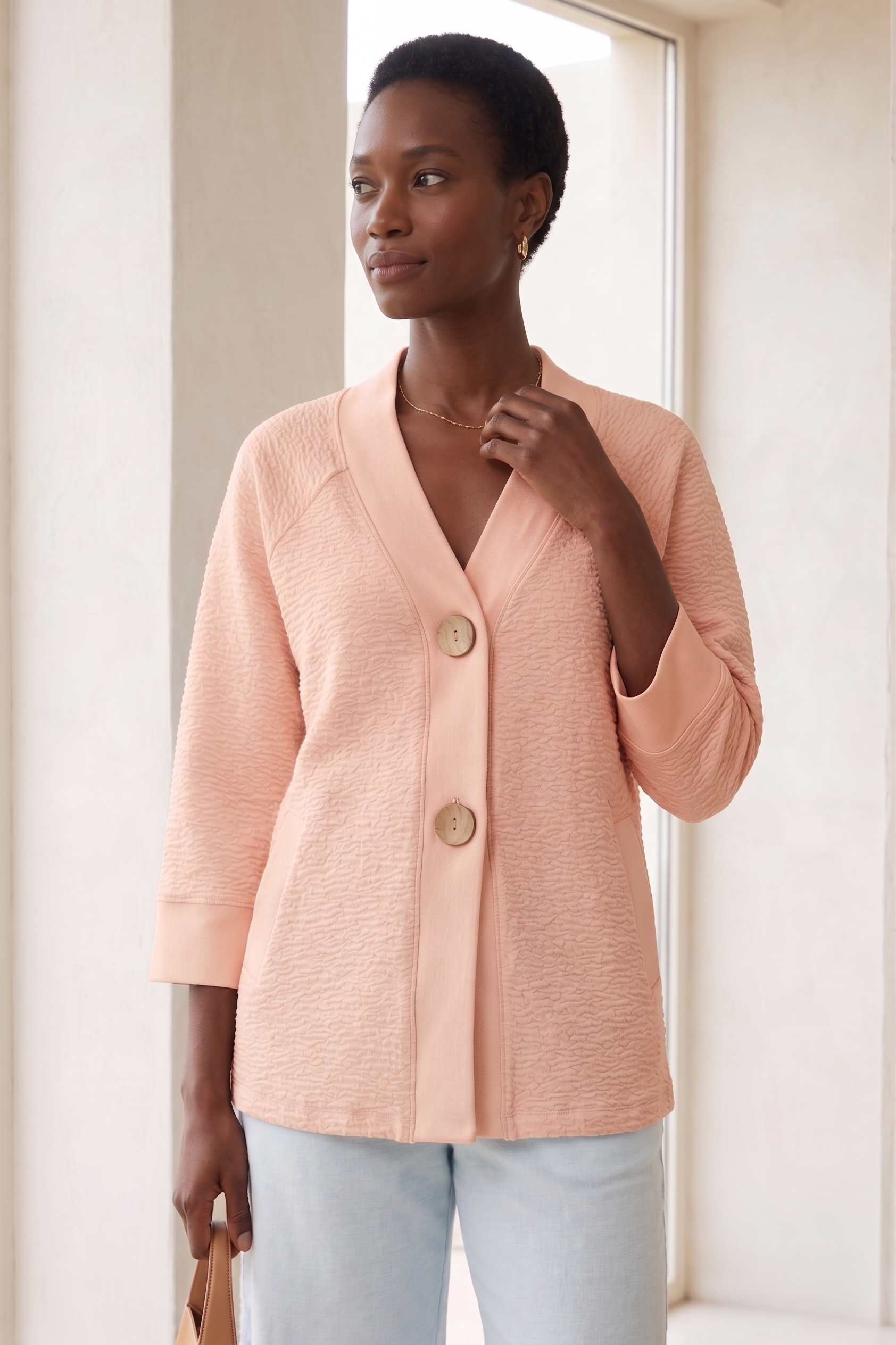 Style #8374 Wholesale Bubble Knit Bracelet Sleeve Big Button Cardigan - Multiple Colors