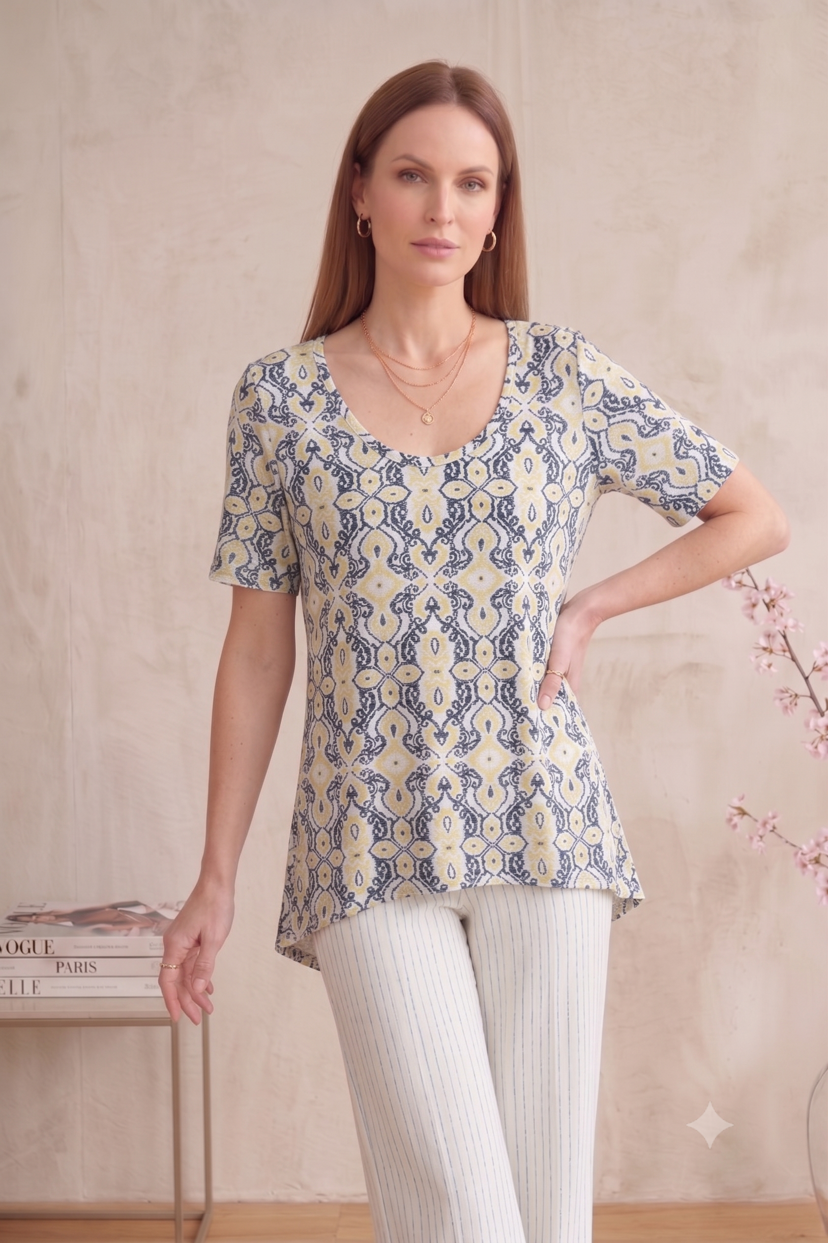#1704: Elbow Slv. Abstract Floral Print Top