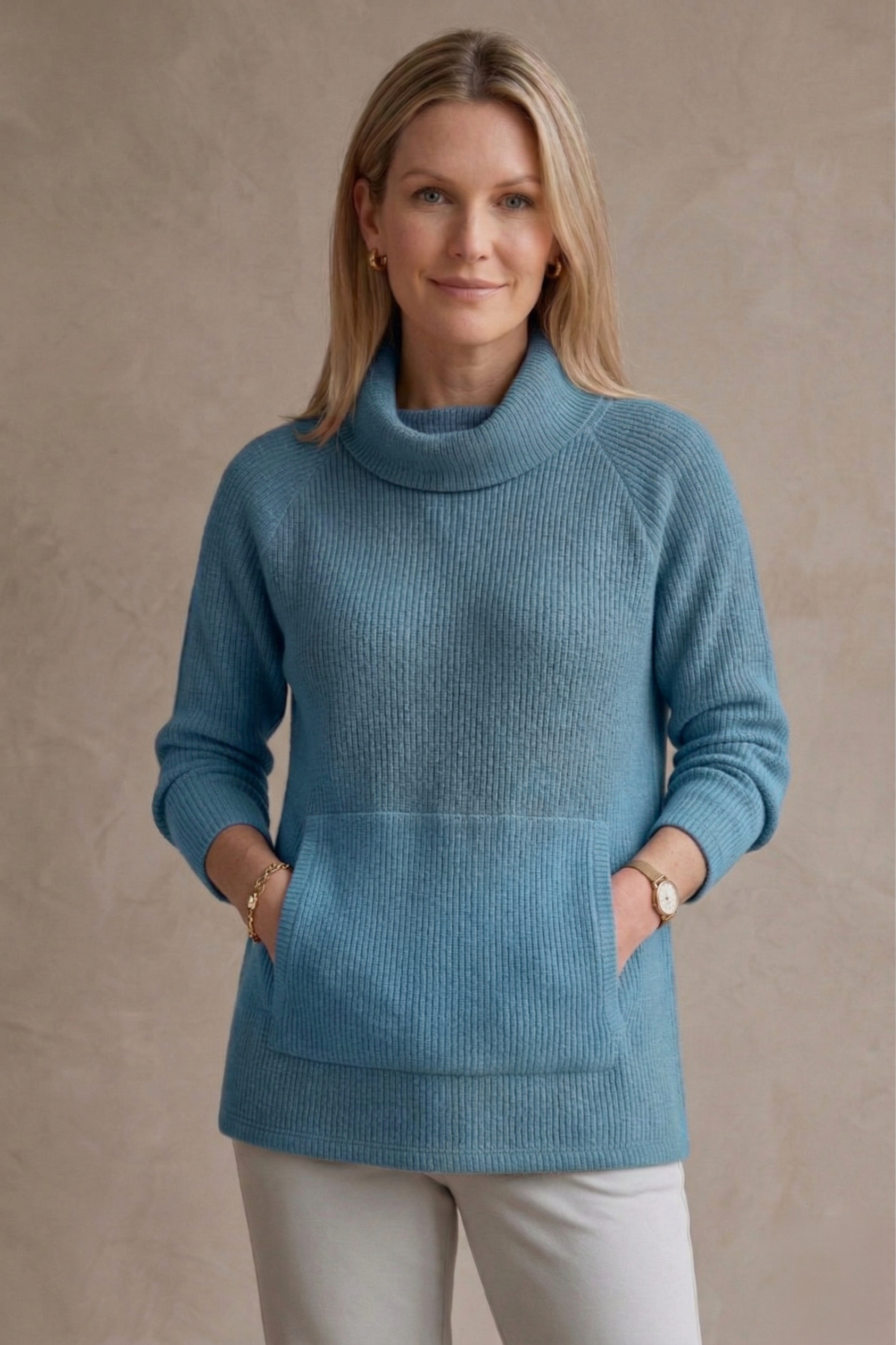 Wild Palms #7762 | Luxe Long Sleeve Cowlneck Top with Kangaroo Pocket