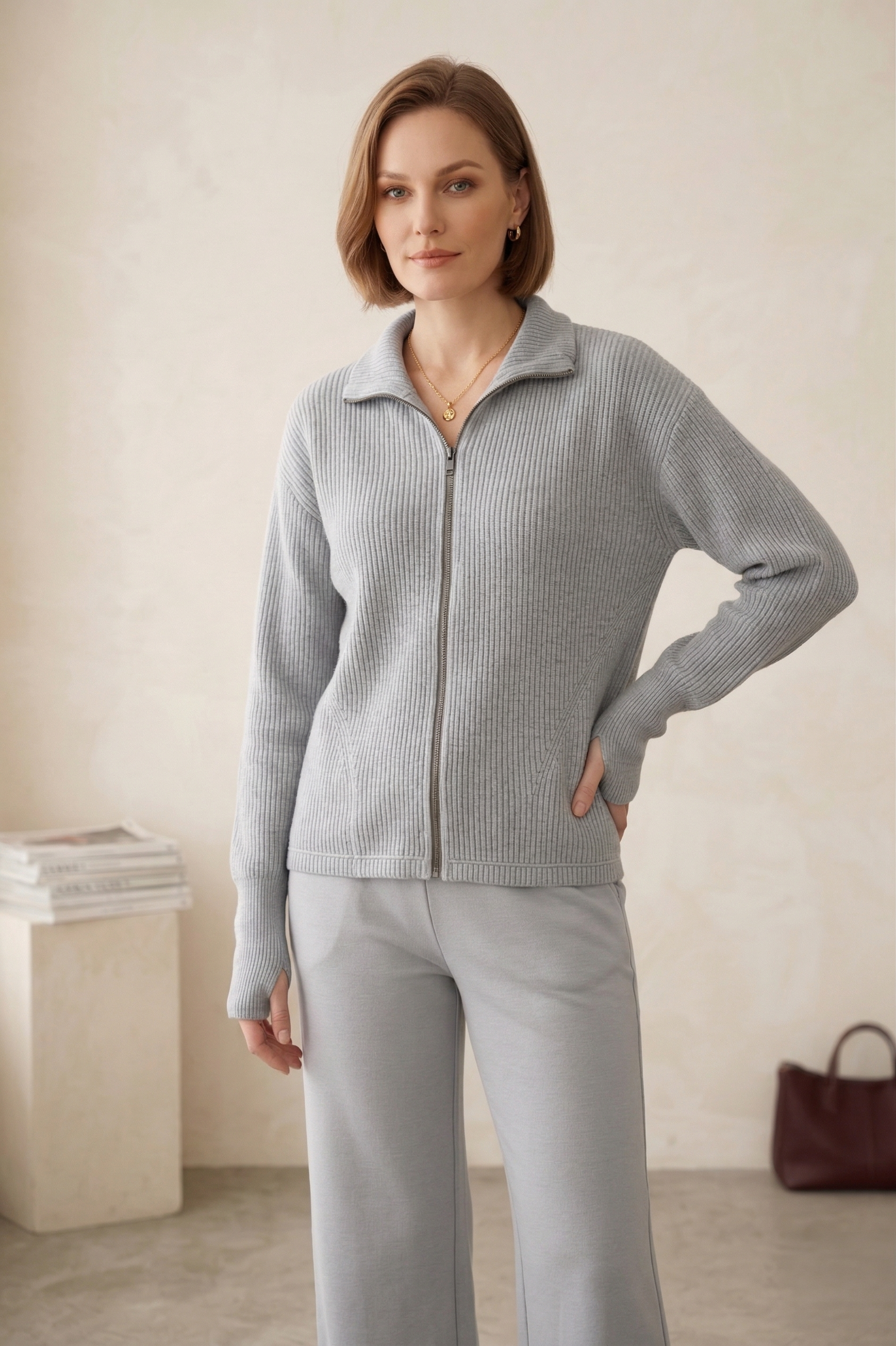 Wild Palms #7761 | Textured Full-Zip Jacket with Thumbhole Cuffs & Zip Pocket