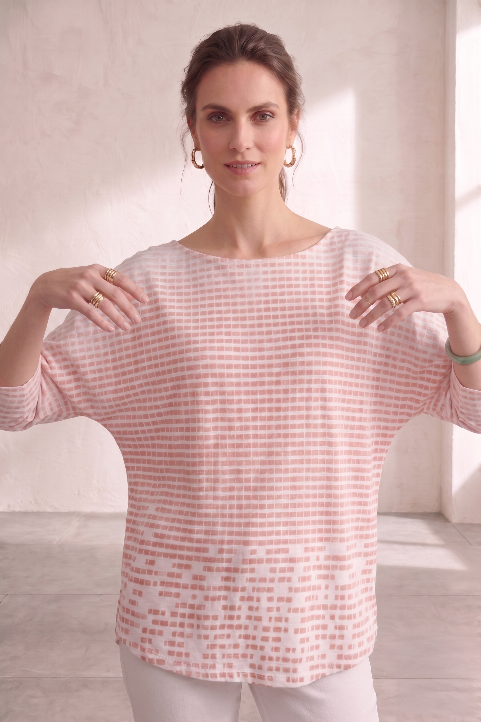 Style #1715-Wild Palms Wholesale Women's 100% Cotton Dolman Sleeve Geo Top