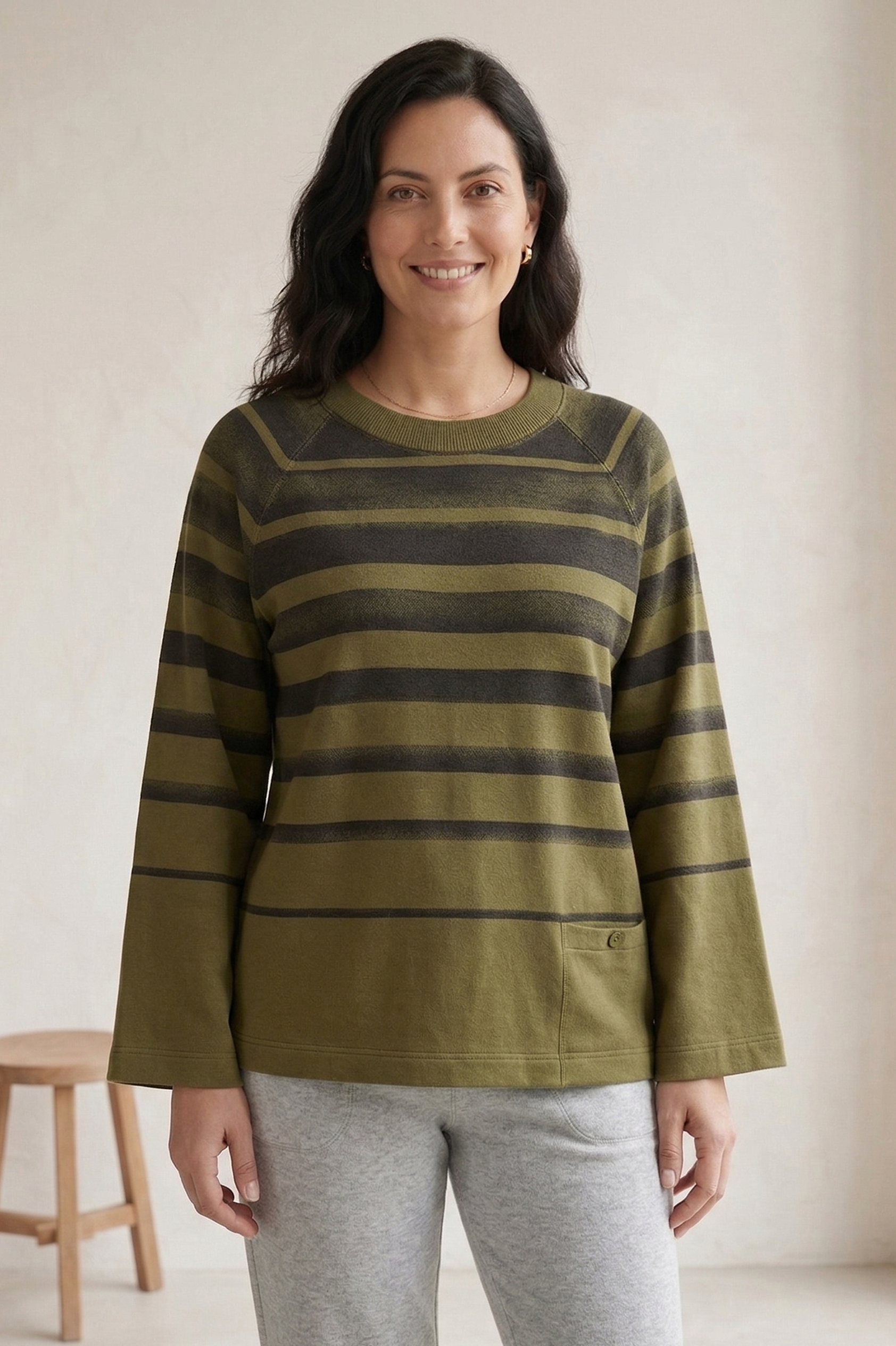 #7767 Women’s Long Sleeve Striped Top | Premium Stretch French Terry with Tab Pocket