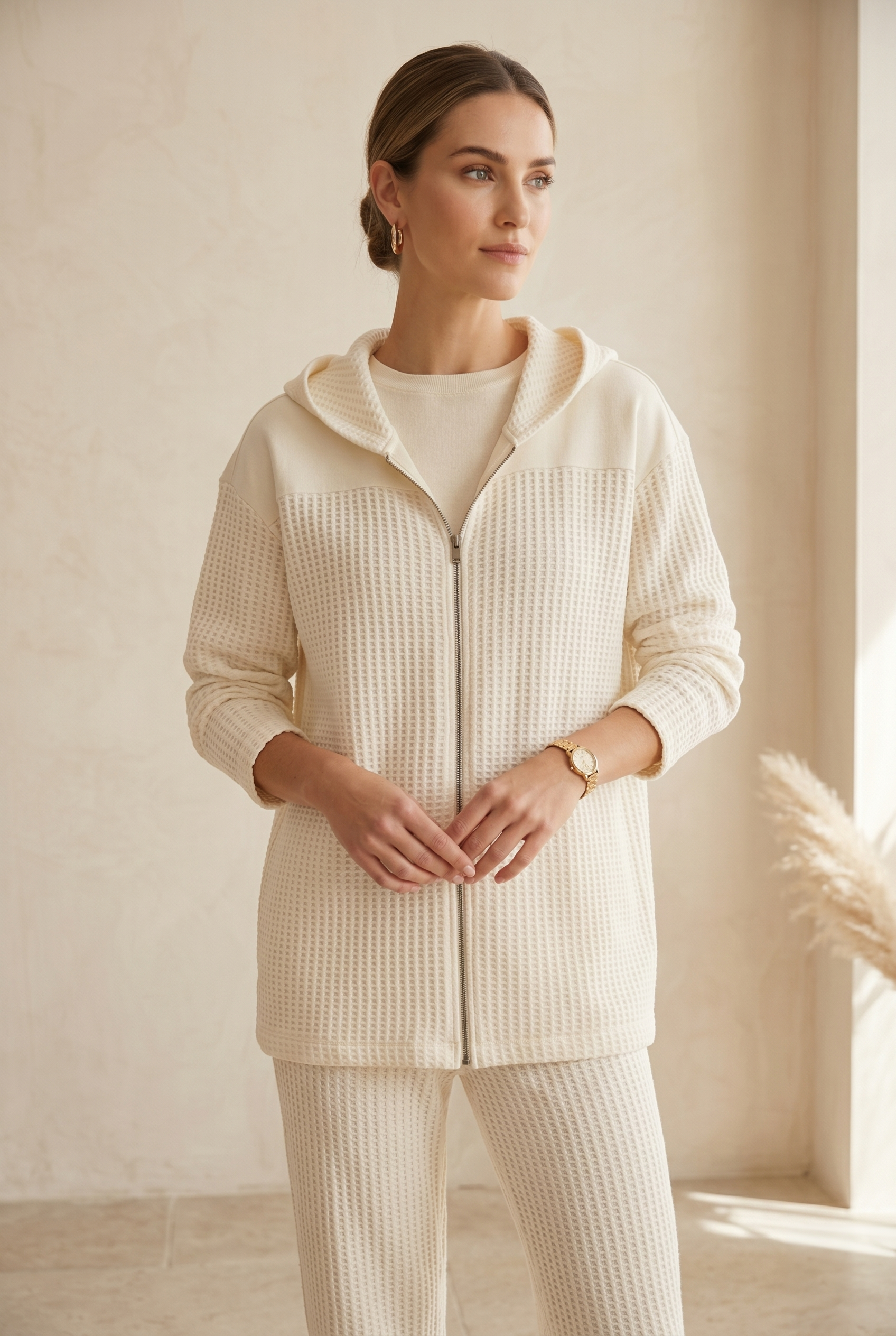 Waffle Knit Long Sleeve Drop Shoulder Zip Hoodie (#W01) — Wholesale