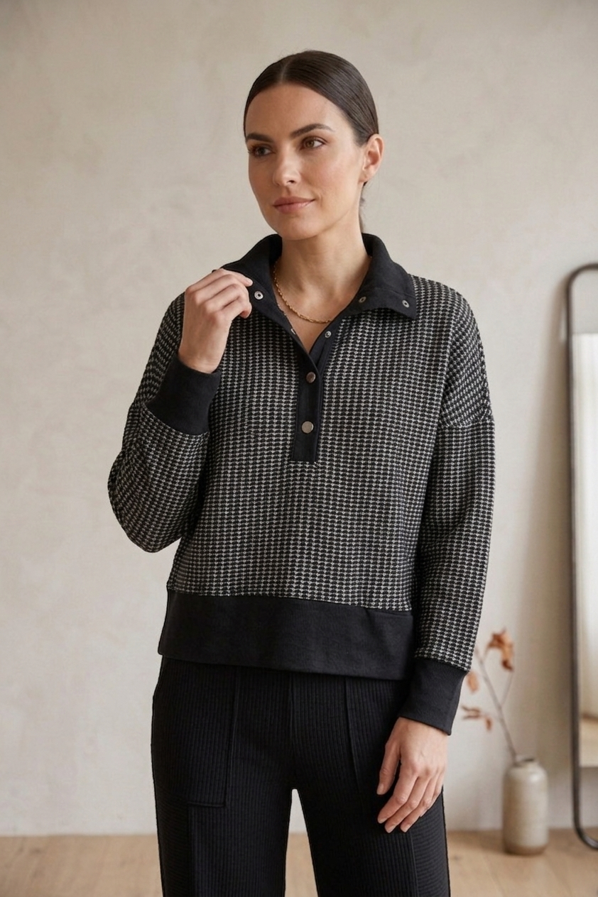 Waffle Knit Bracelet Sleeve Placket Top - Style #W05