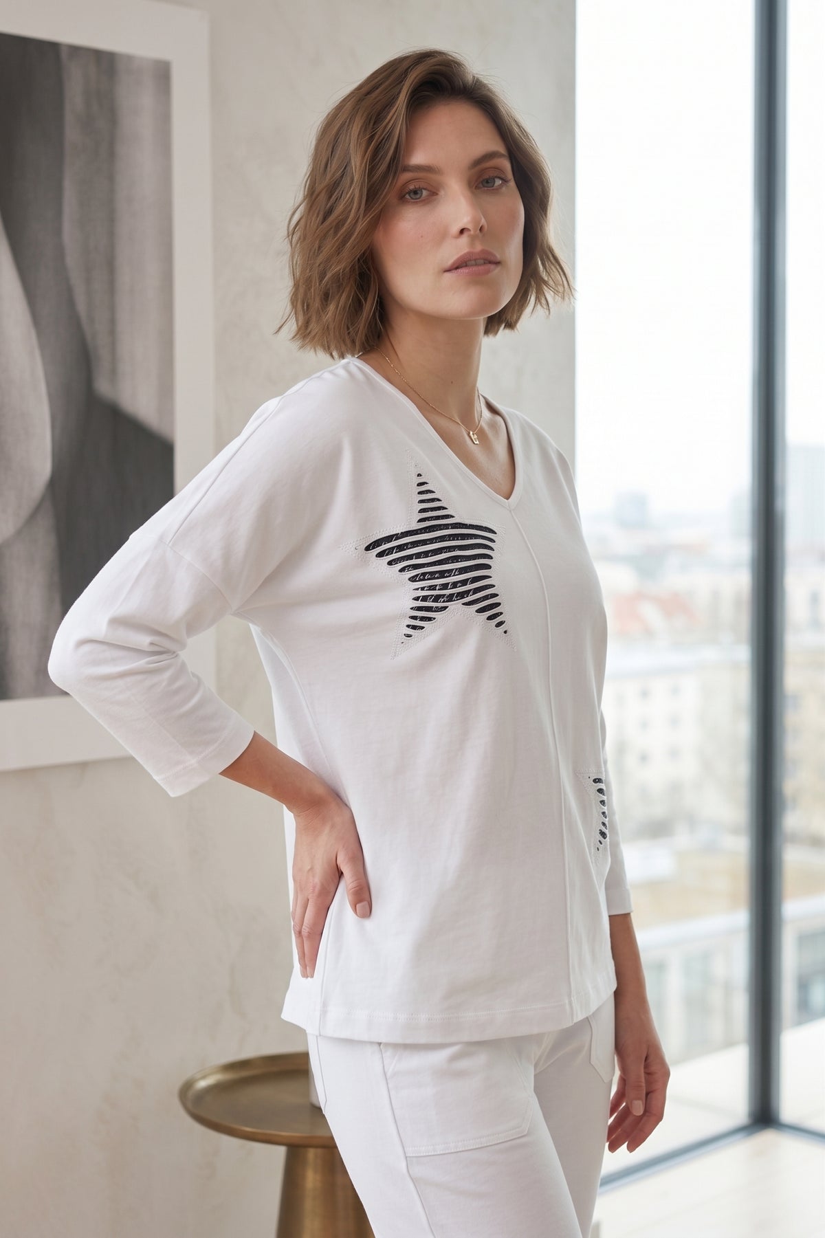 #FT72 Bracelet Slv. Star Applique V-Neck Drop Shoulder Top