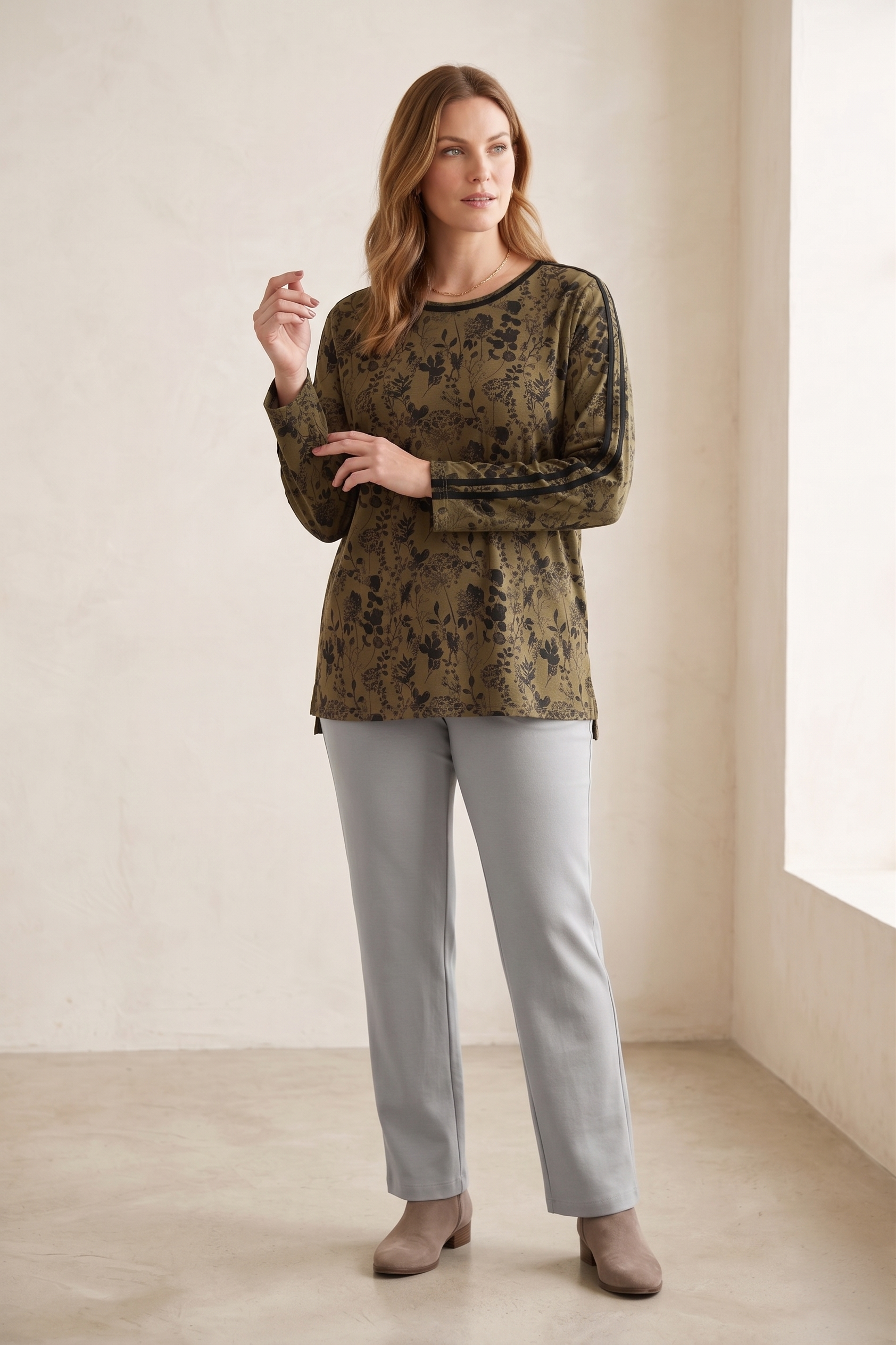 #1273 Long Sleeve "Water Leaves" Floral Print Top | 100% Cotton Jersey