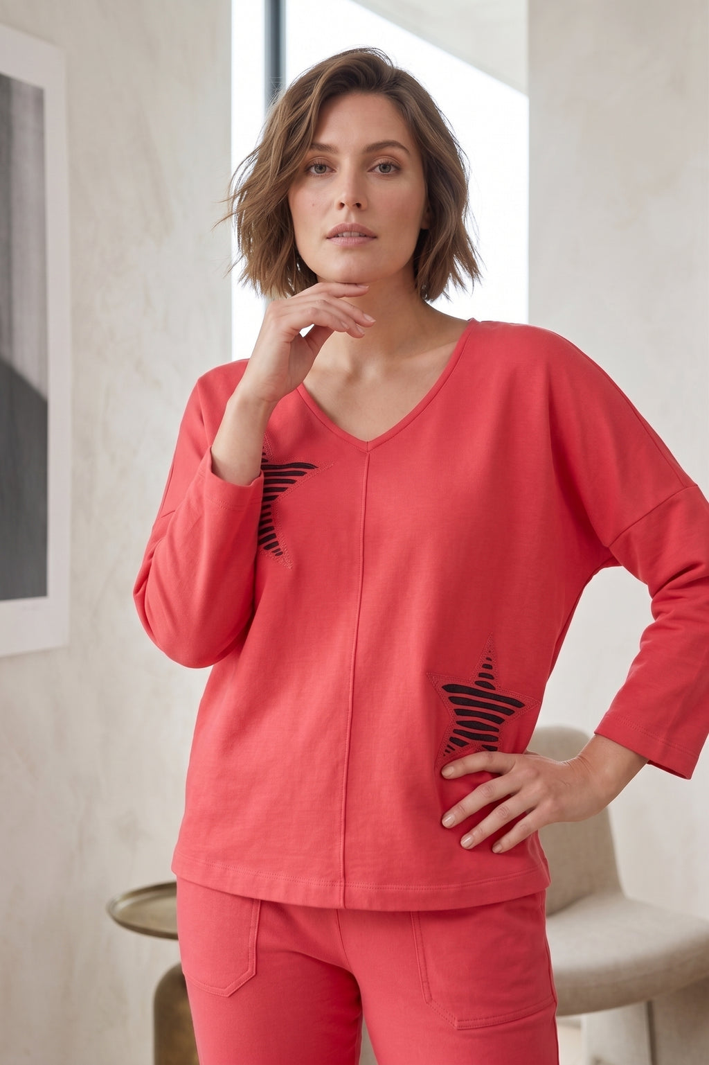 #FT72 Bracelet Slv. Star Applique V-Neck Drop Shoulder Top