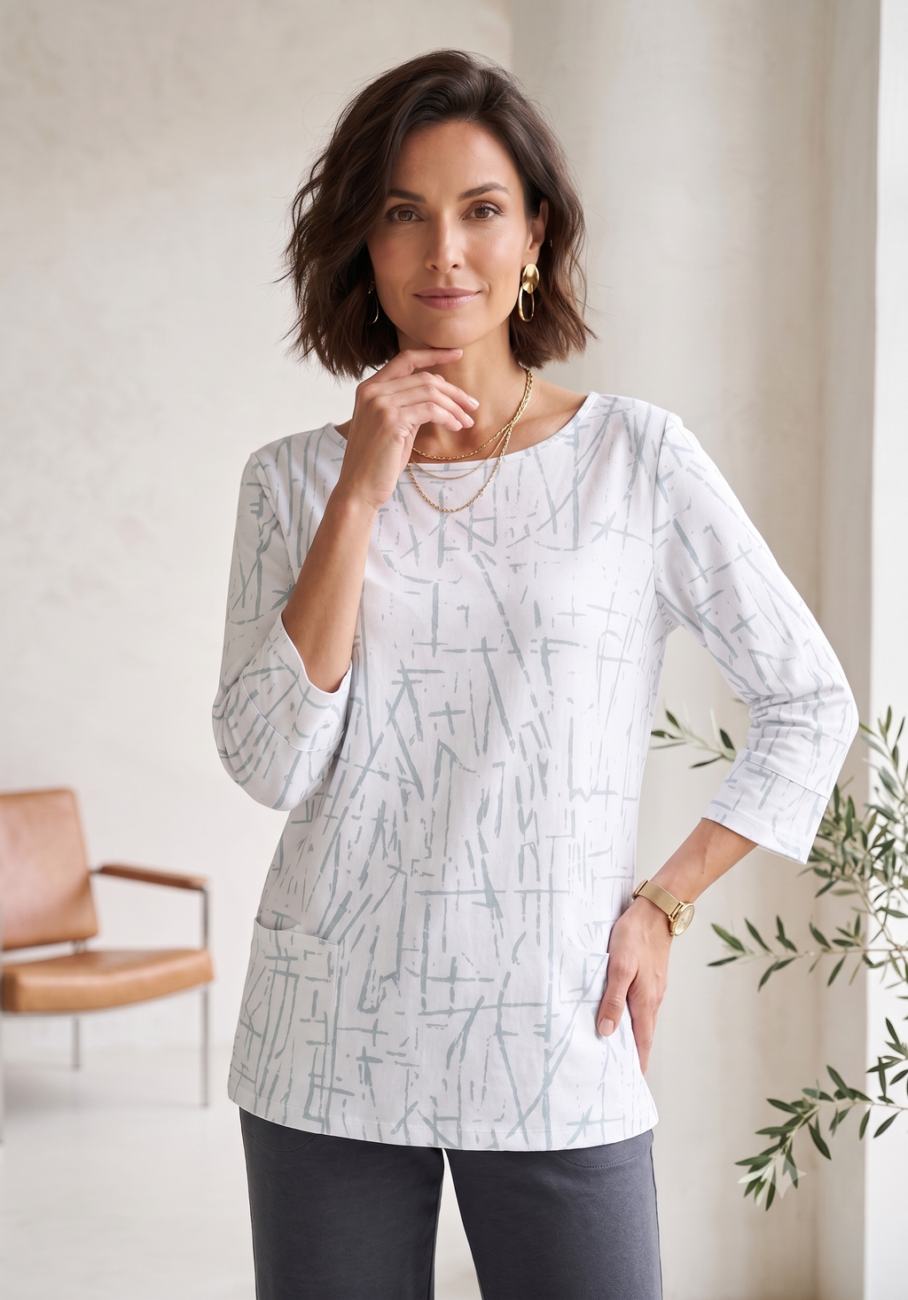 Style #1734 |Wholesale 100% Cotton ¾ Sleeve Abstract Print Top - Multiple Colors