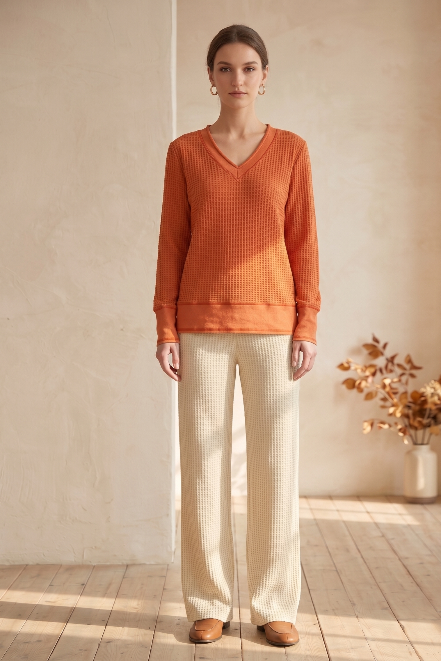 Waffle Knit Long Sleeve V-Neck Top with Contrast Stitching – #W02