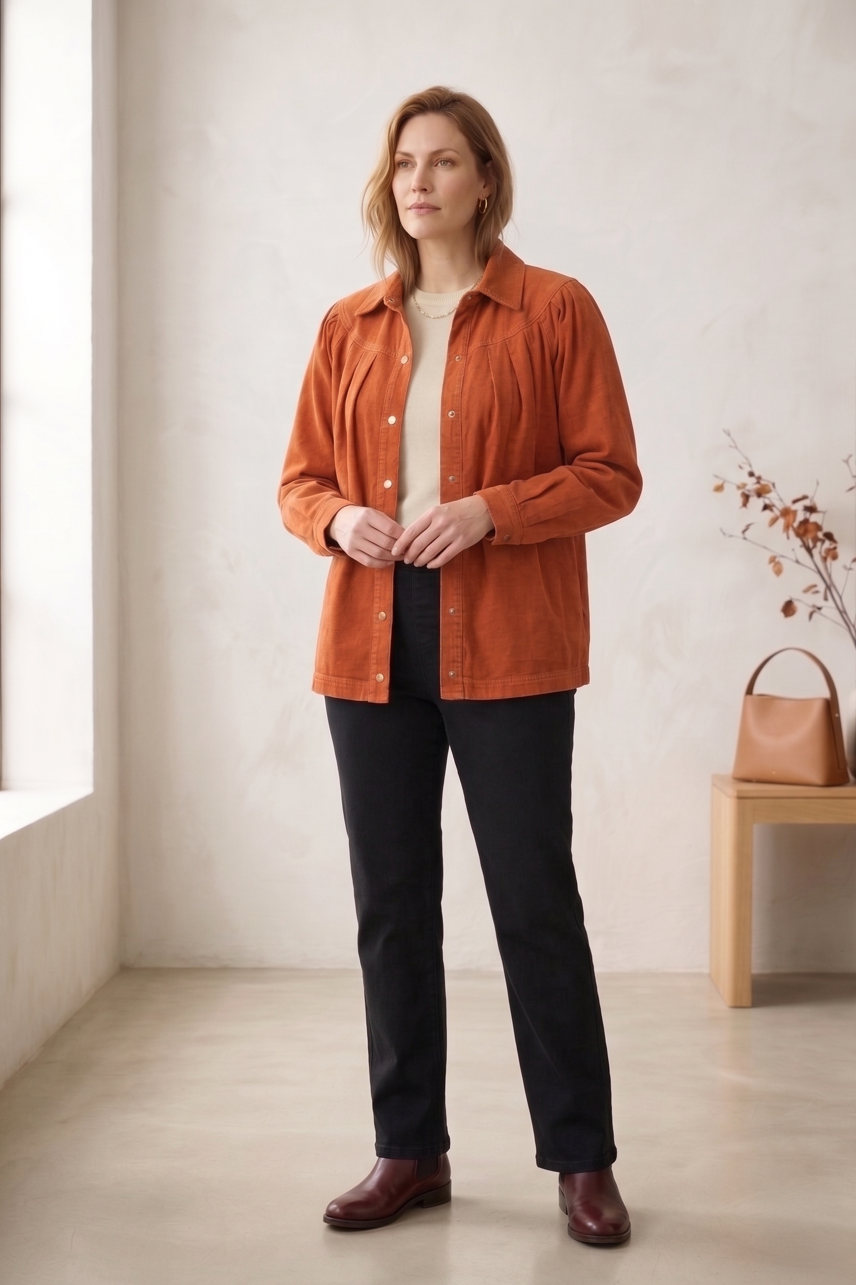 #D43 Women’s Pleated Yoke Stretch Denim Jacket