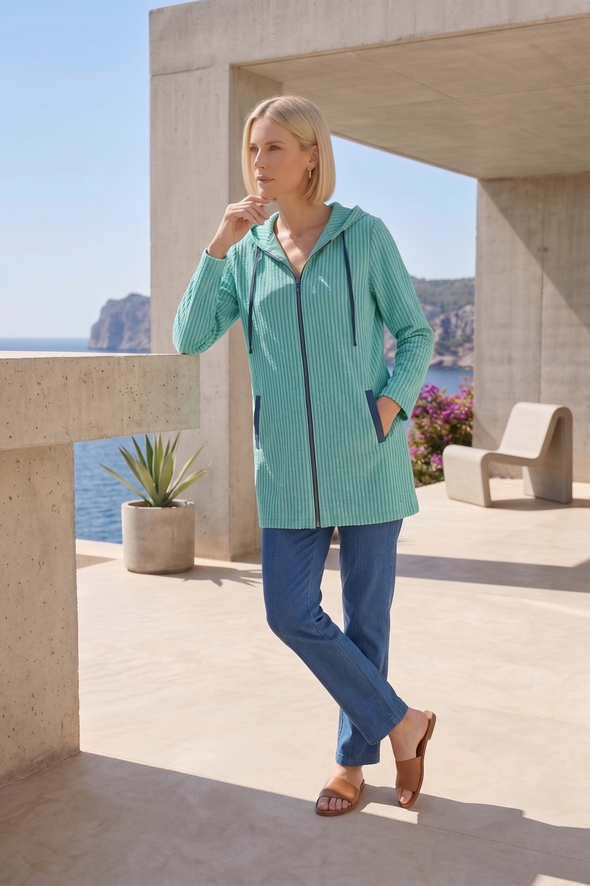 #8301 | Women's 3/4 Sleeve Mixed Stripe Zip-Up Jacket – 100% Cotton Slub French Terry
