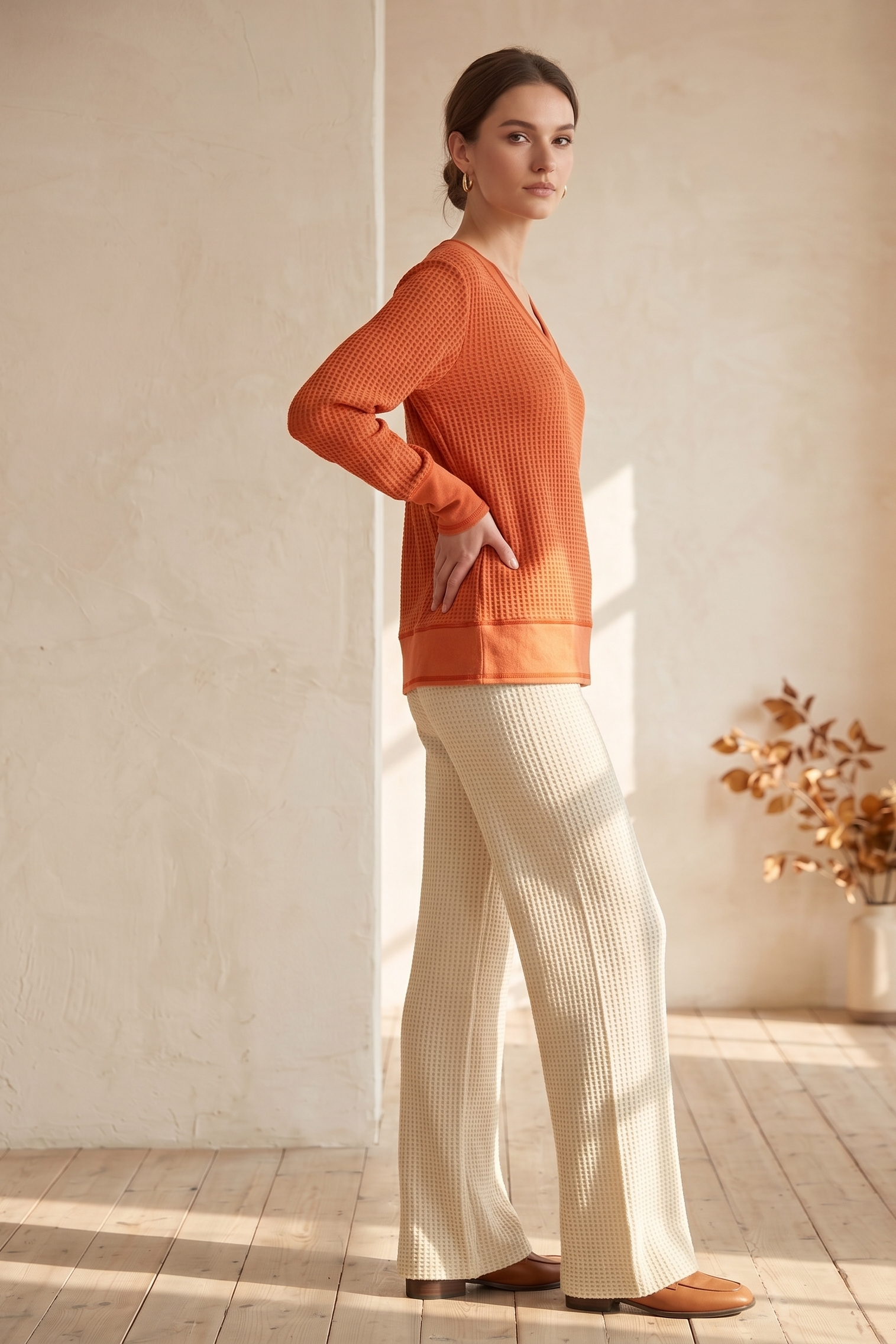 Waffle Knit Long Sleeve V-Neck Top with Contrast Stitching – #W02