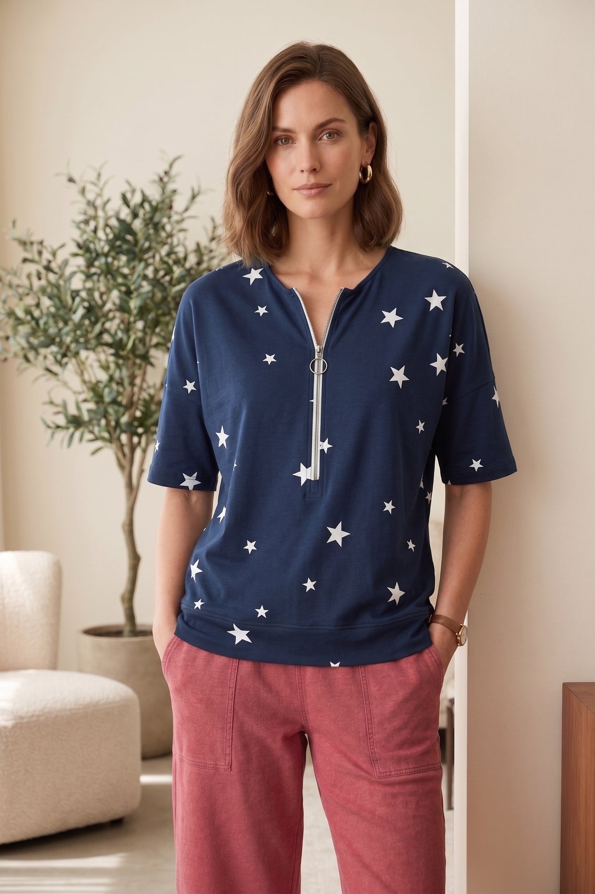 #JS43 Short Slv. Star Print Half-Zip Top