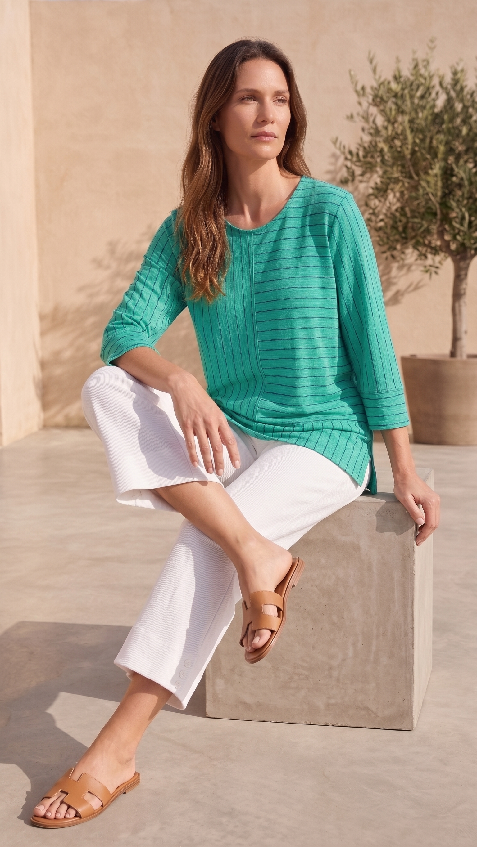 Style #1714-Wild Palms Wholesale Women's 100% Cotton ¾ Sleeve Thin Stripe Top