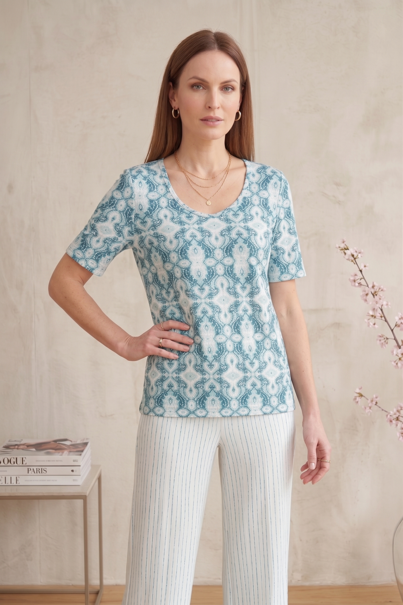 #1704: Elbow Slv. Abstract Floral Print Top