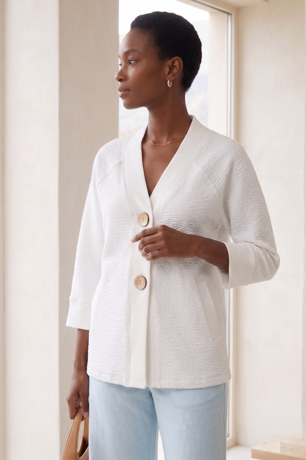 Style #8374 Wholesale Bubble Knit Bracelet Sleeve Big Button Cardigan - Multiple Colors