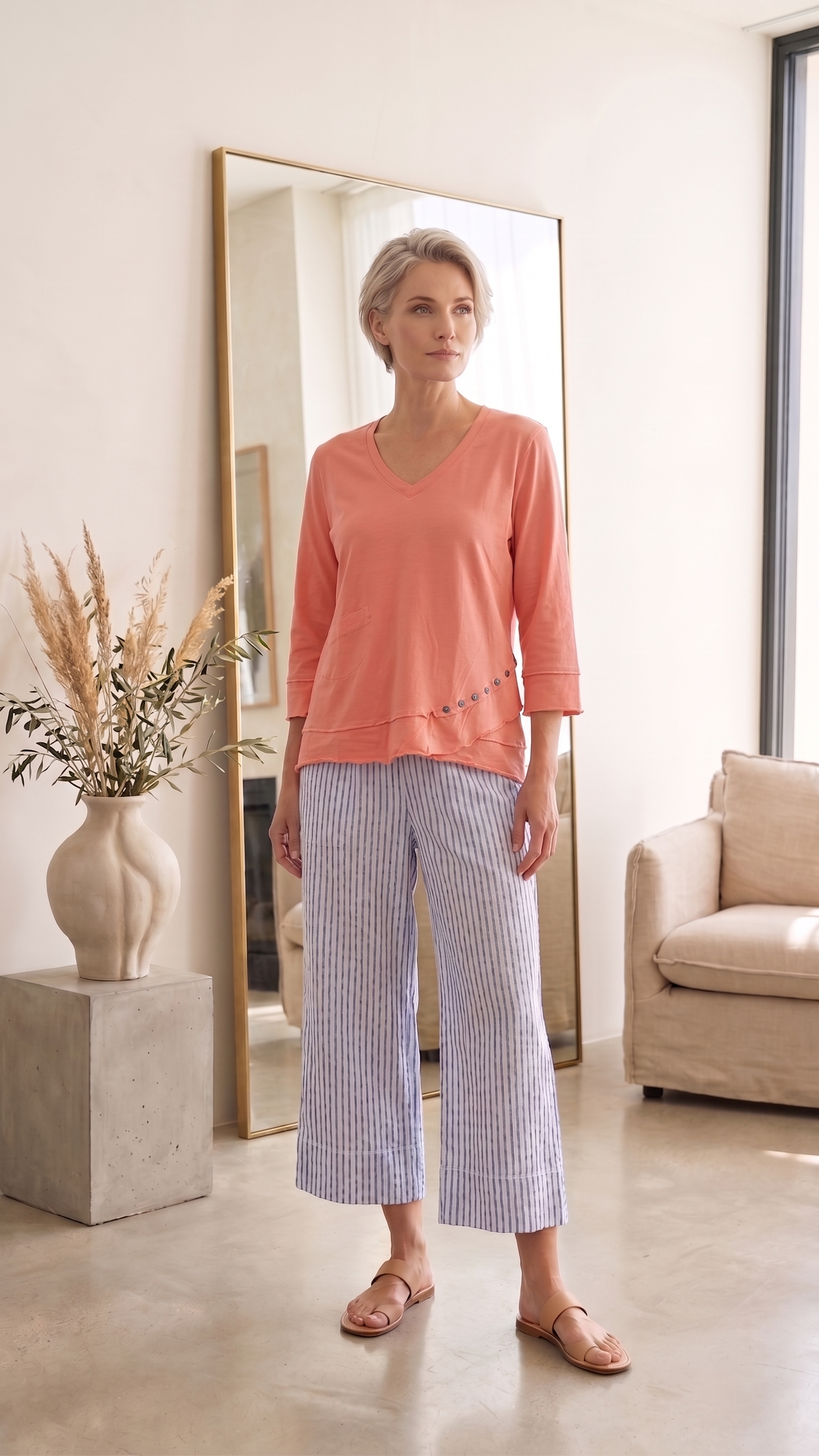 Style #1627-Wholesale Women's 100% Cotton ¾ Sleeve Side-Button Top