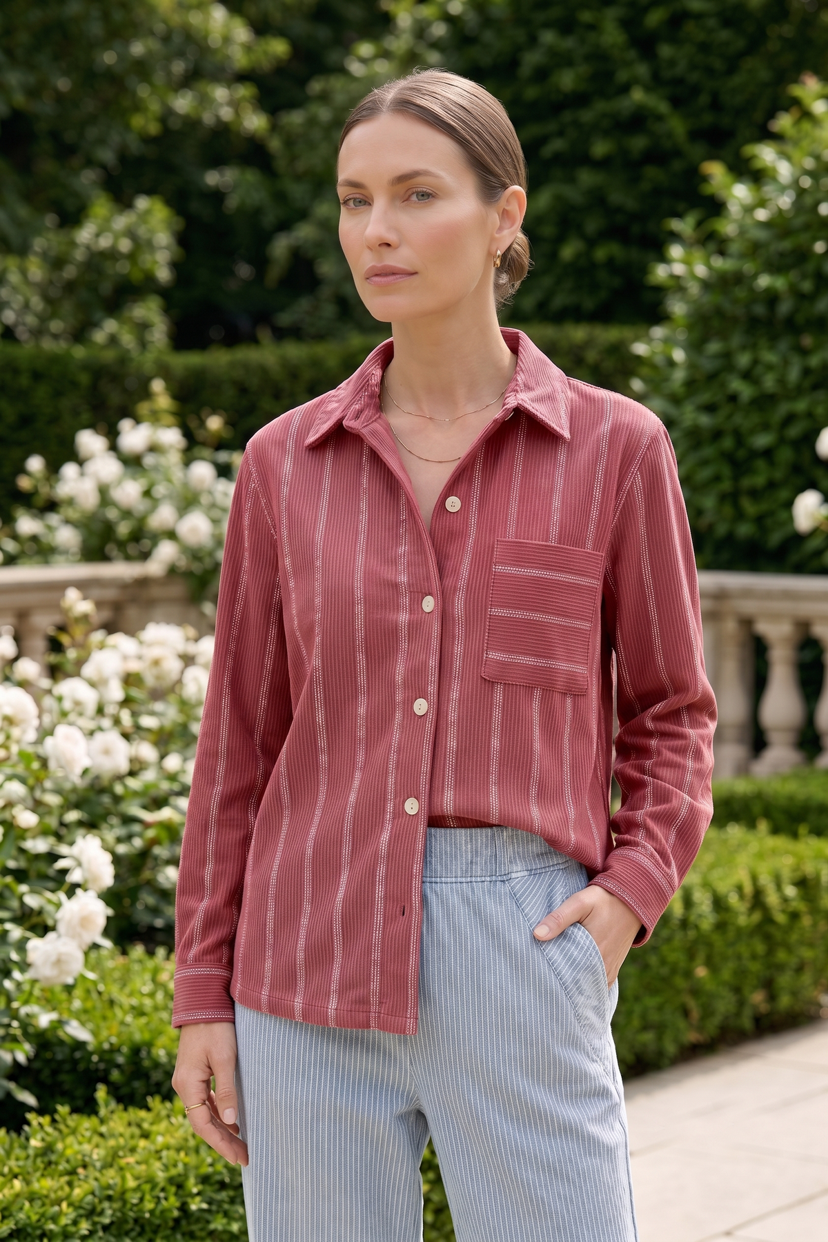 #J36 Bracelet Slv. Striped Crop Shirt | Wild Palms Collection (Wholesale Pre-Pack)