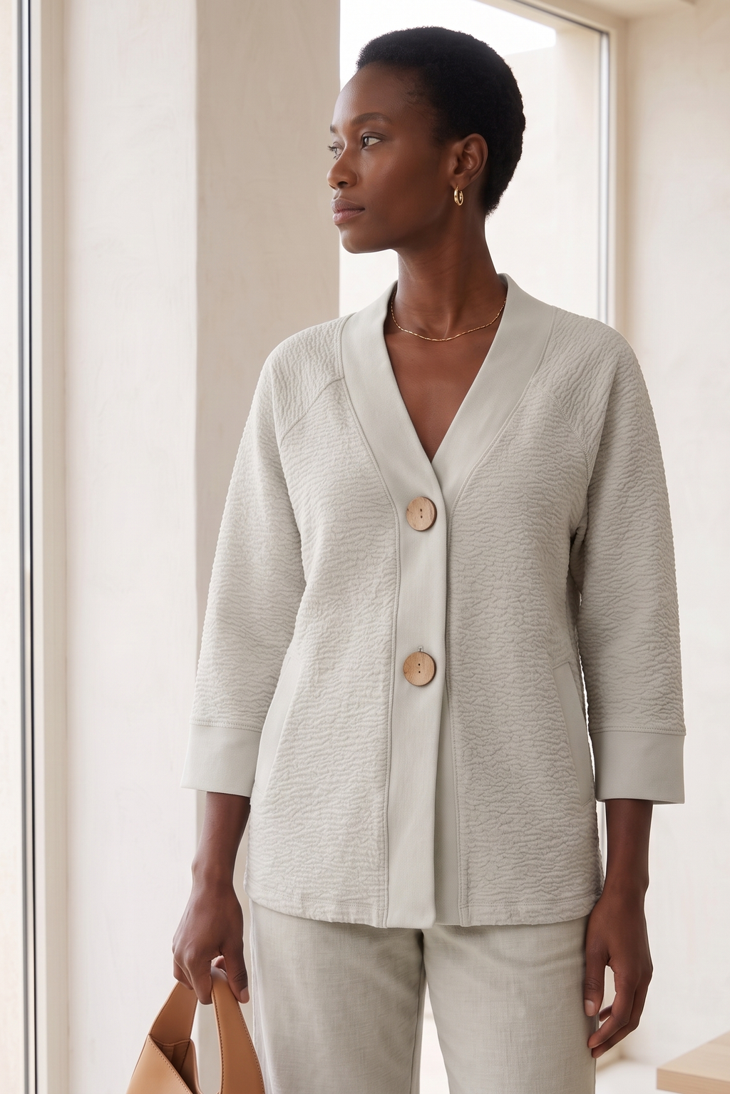 Style #8374 Wholesale Bubble Knit Bracelet Sleeve Big Button Cardigan - Multiple Colors