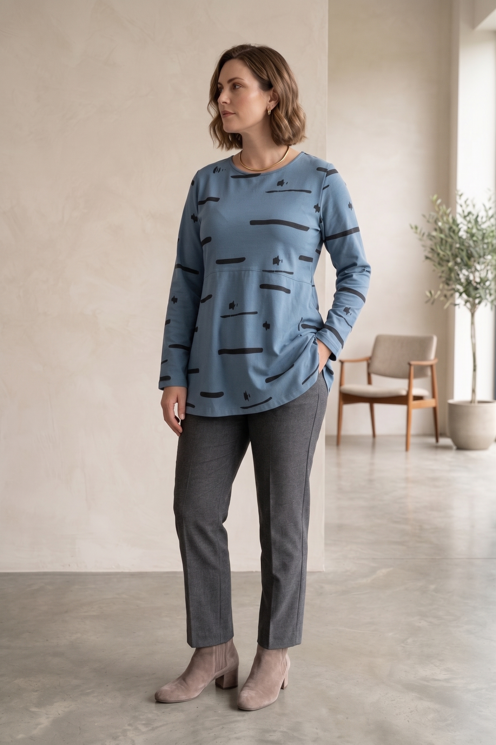 #1272 Abstract Print Long Sleeve Tunic Top | 100% Cotton Jersey